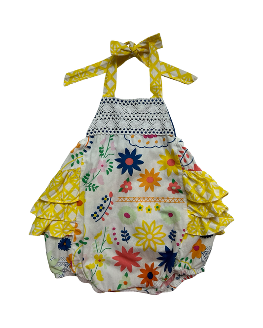 12M Baby Girls Ricrac & Ruffles Yellow Floral Bubble Romper.
