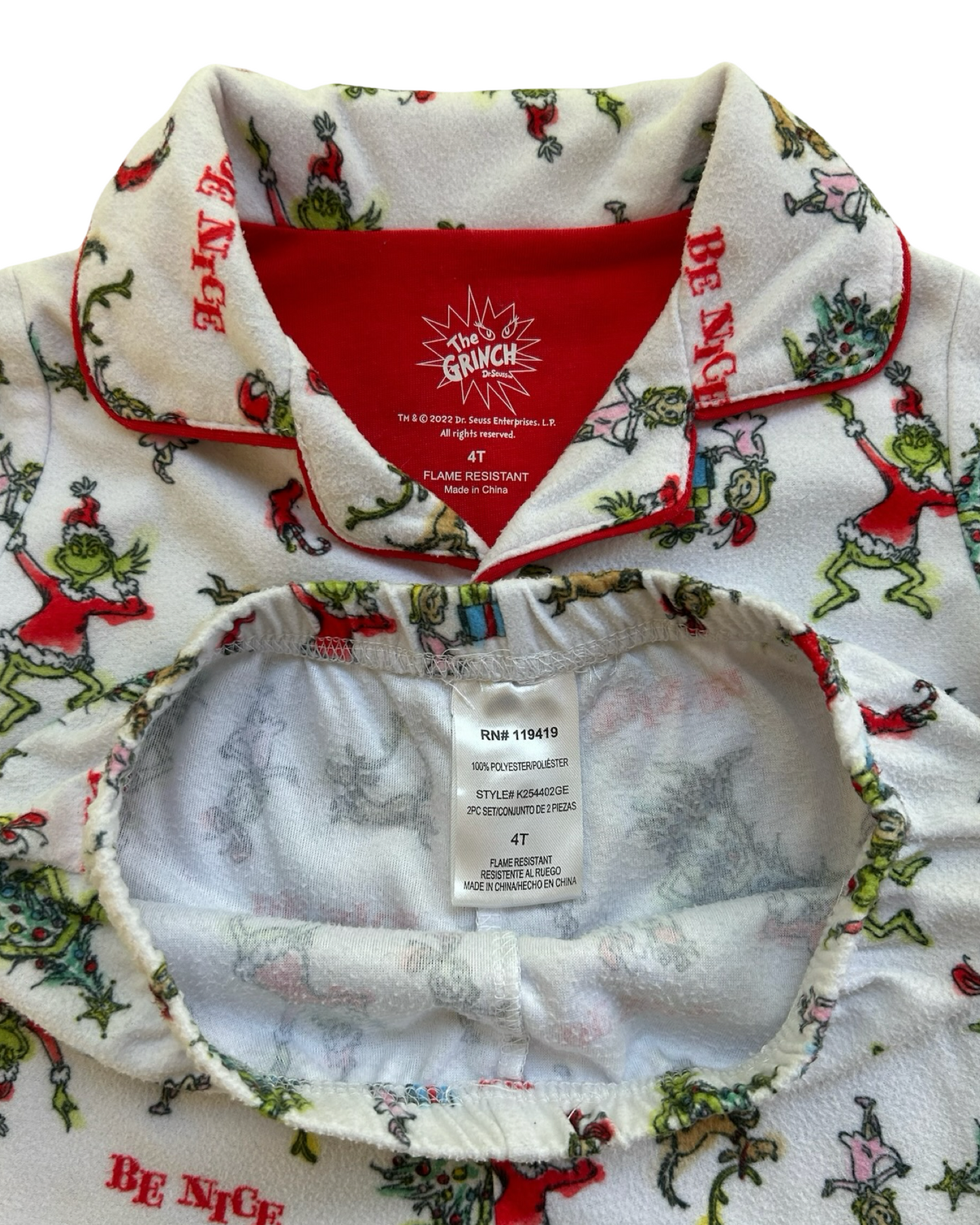 4T Toddler Boys/Girls (UNISEX) Dr Seuss The Grinch Flannel “Be Nice” Holiday Pajama 2 Piece Set