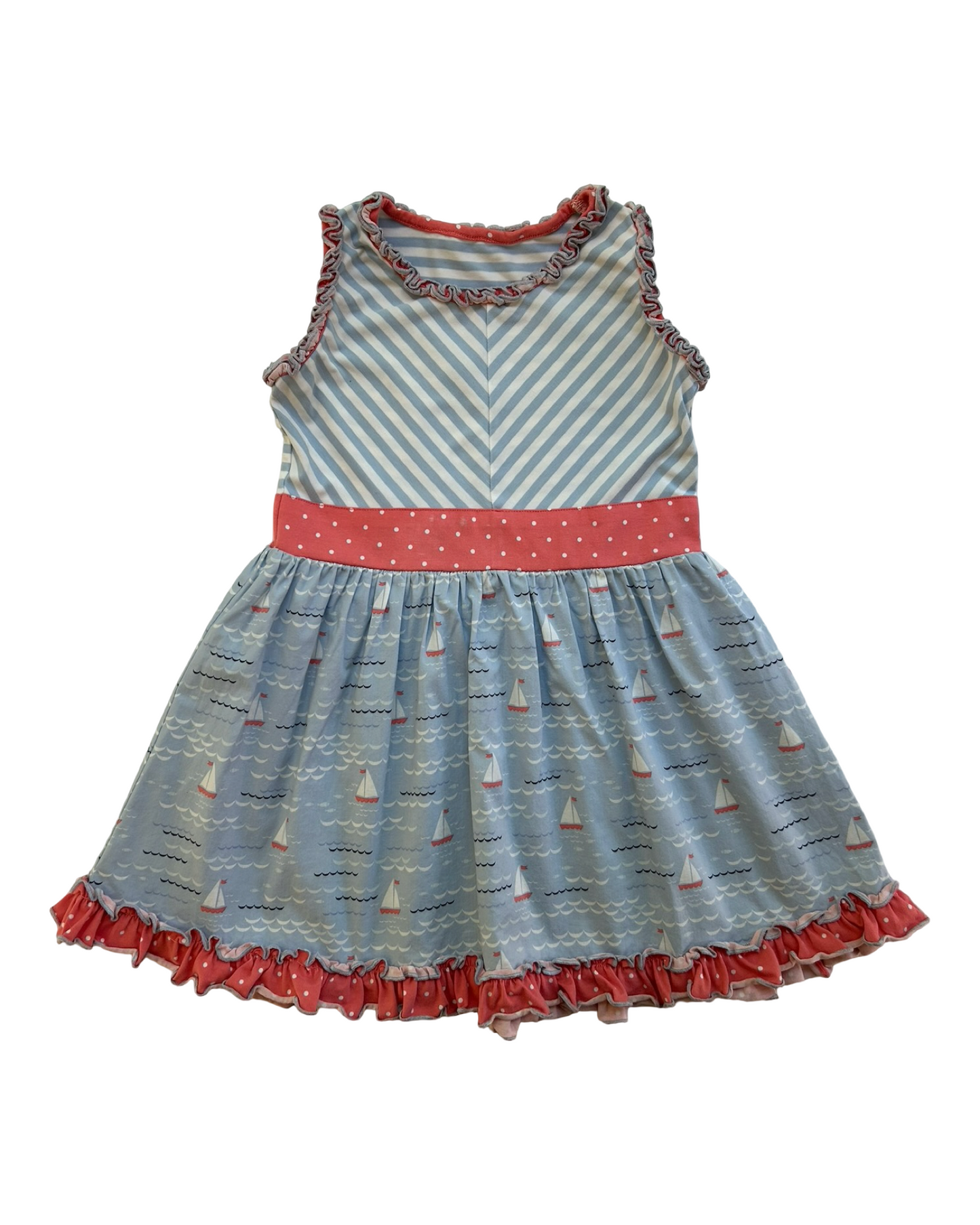 4T-5T Toddlers Girls Serendipity By Shrimp & Grits Theme Nautical Sailboat ⛵️ Striped ,Polka Dots Ruffle Trim Dress.