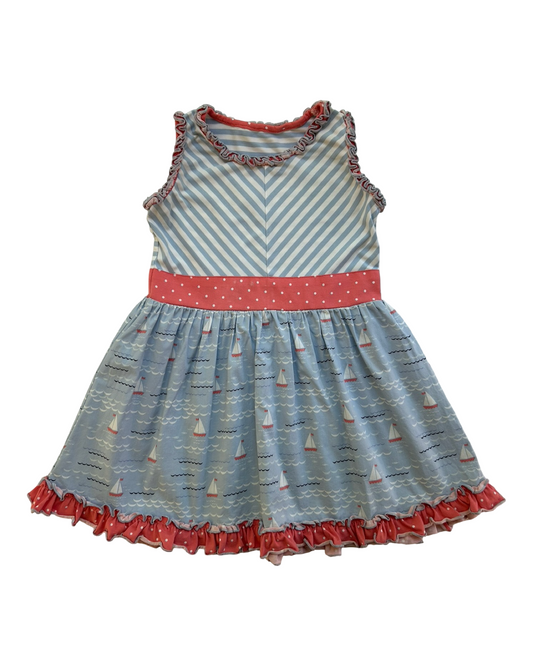 4T -5T Toddler Girls Serendipity By Shrimp & Grits Theme Nautical Sailboat ⛵️ Striped ,Polka Dots Ruffle Trim Dress.