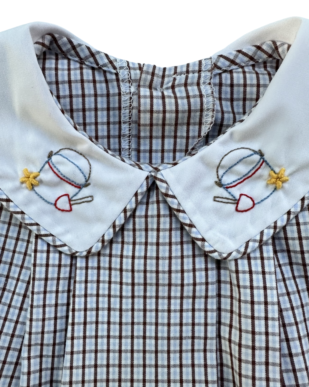 12M Baby Boy Boutique Remember Nguyen Brown and Light Blue Gingham Plaid Bubble with Classic Peter Pan Collar and Sand Castle Embroidery