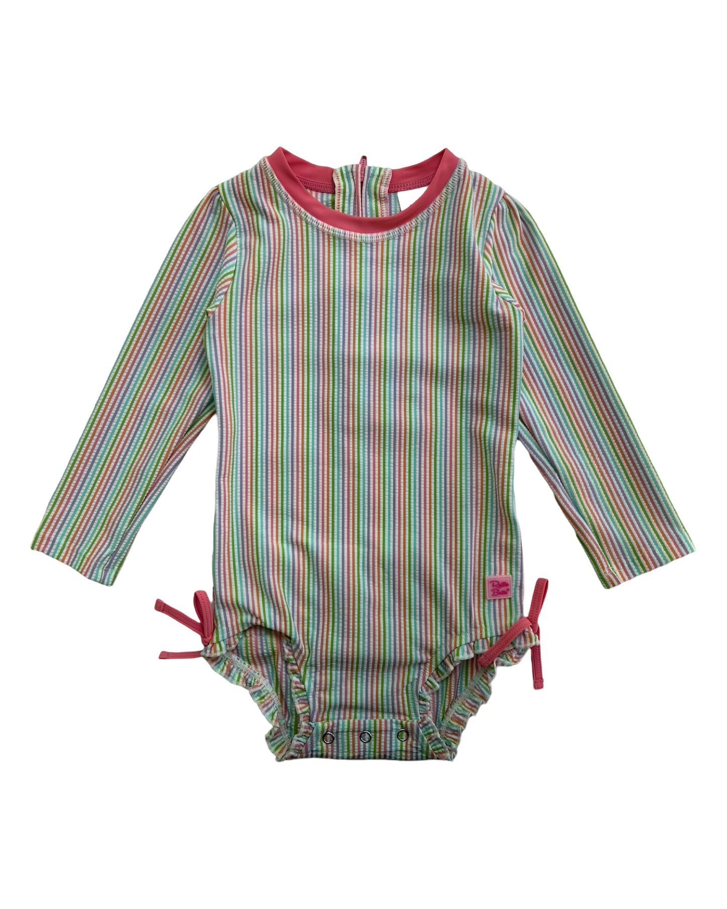 2T Toddler Girls RuffleButts Rainbow Seersucker Long Sleeve Rash Guard One Pieces. NWT