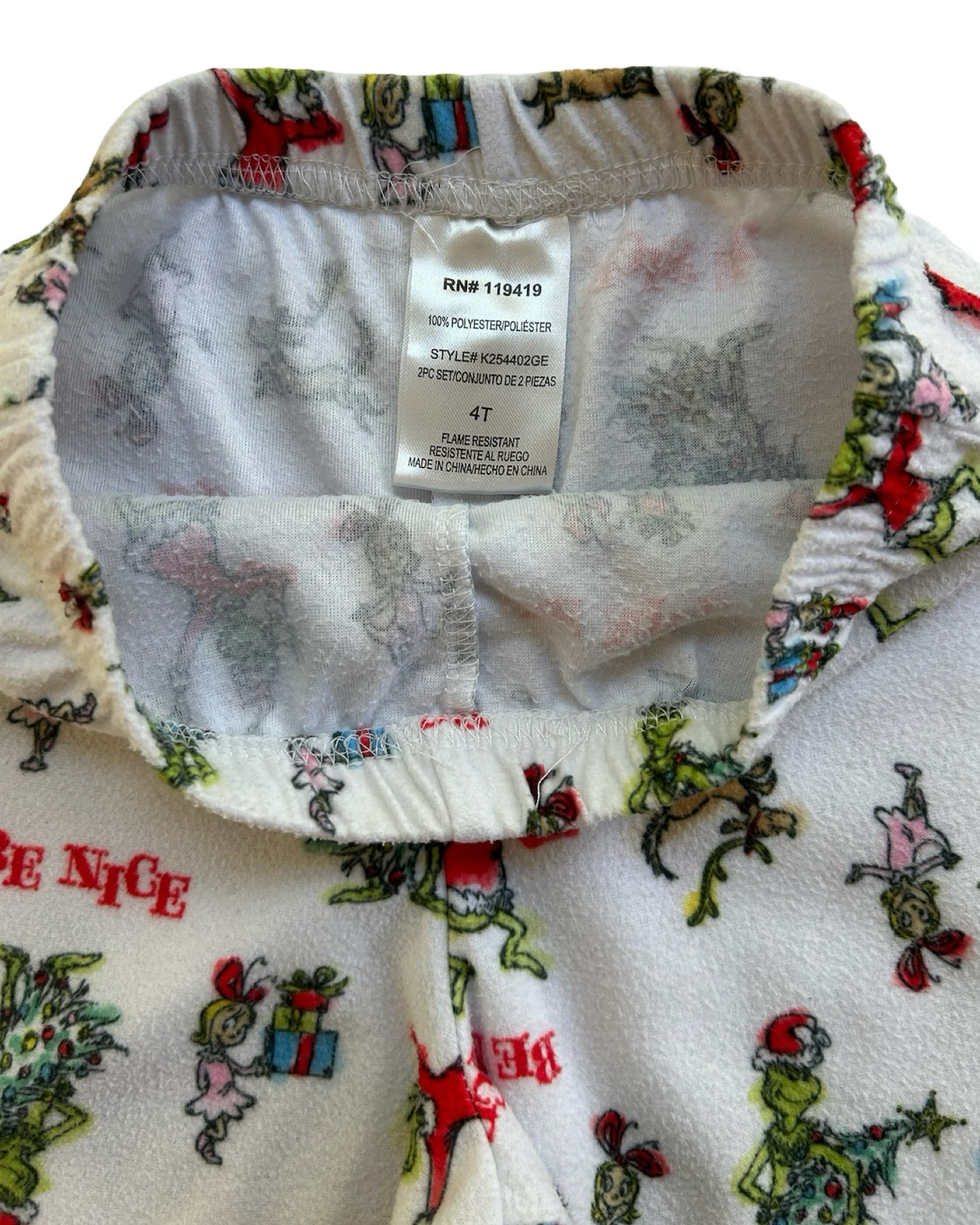 4T Toddler Boys/Girls (UNISEX) Dr Seuss The Grinch Flannel “Be Nice” Holiday Pajama 2 Piece Set