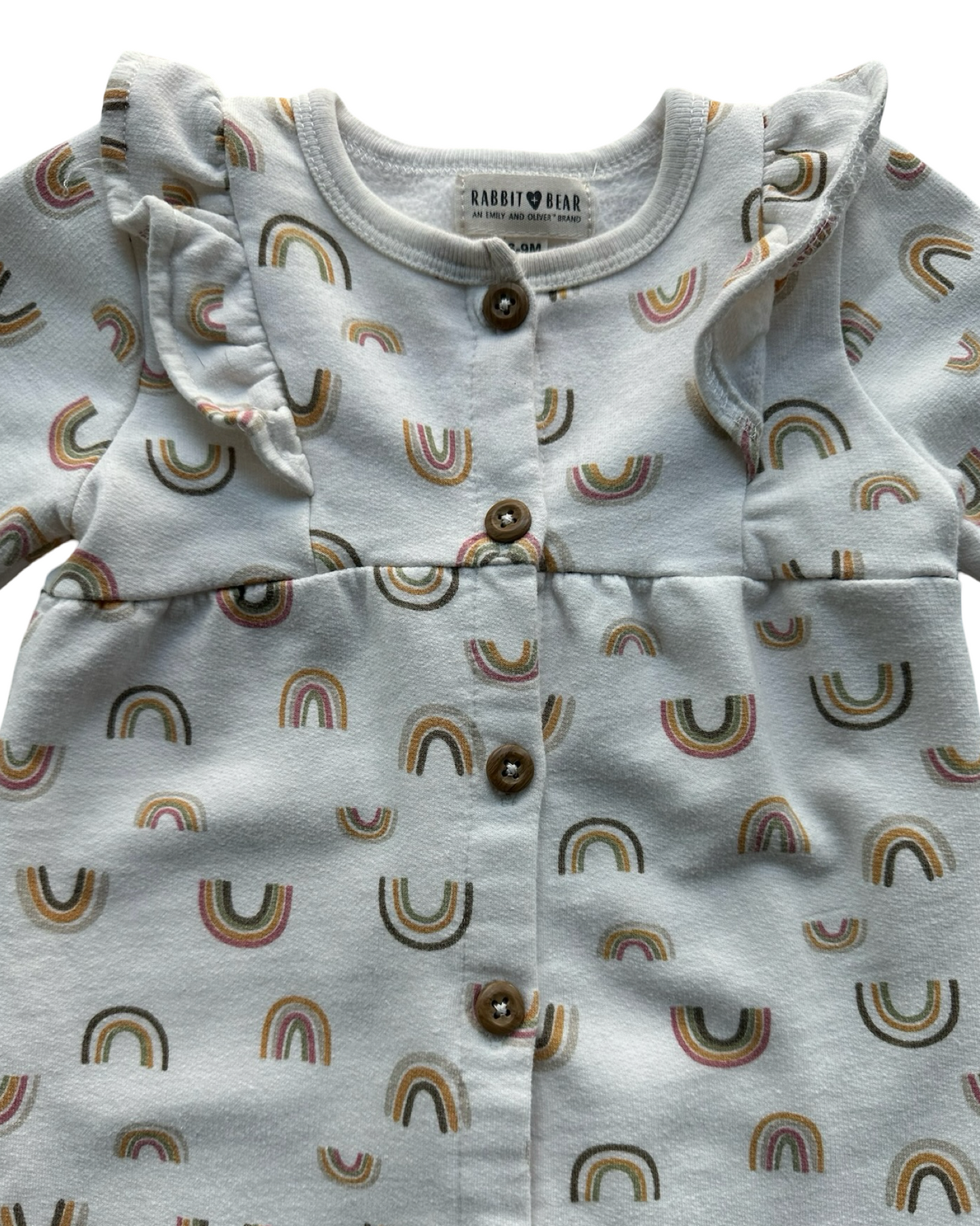 6M-9M Baby Girl Rabbit + Bear Rainbow 🌈 Ruffle One Piece Romper Outfit.