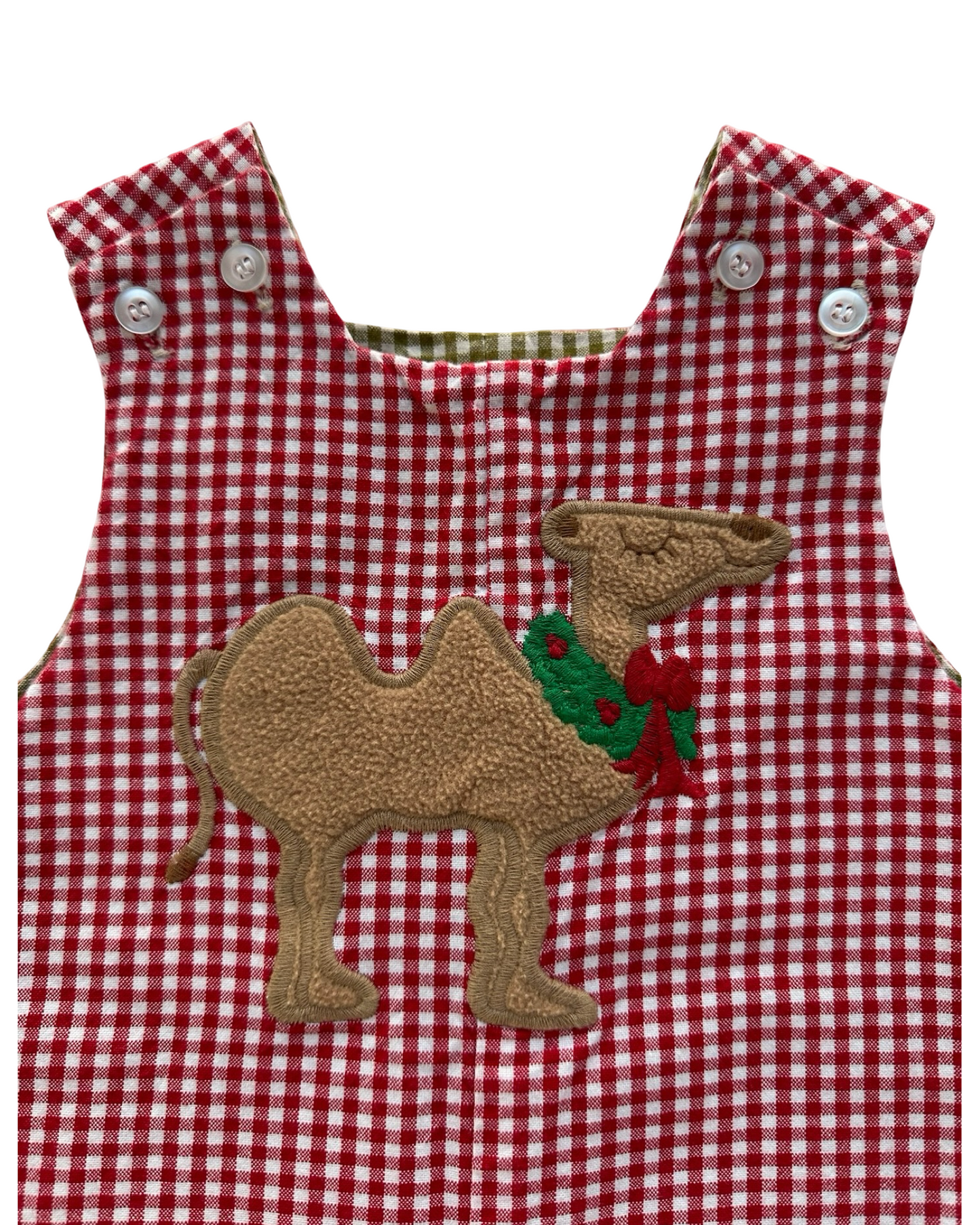 12M Baby Boys The Bailey Boys Gingham Patterned Overall-Romper Reversible Appliqués Camel 🐫 Reverse To Farm Car. One Piece.