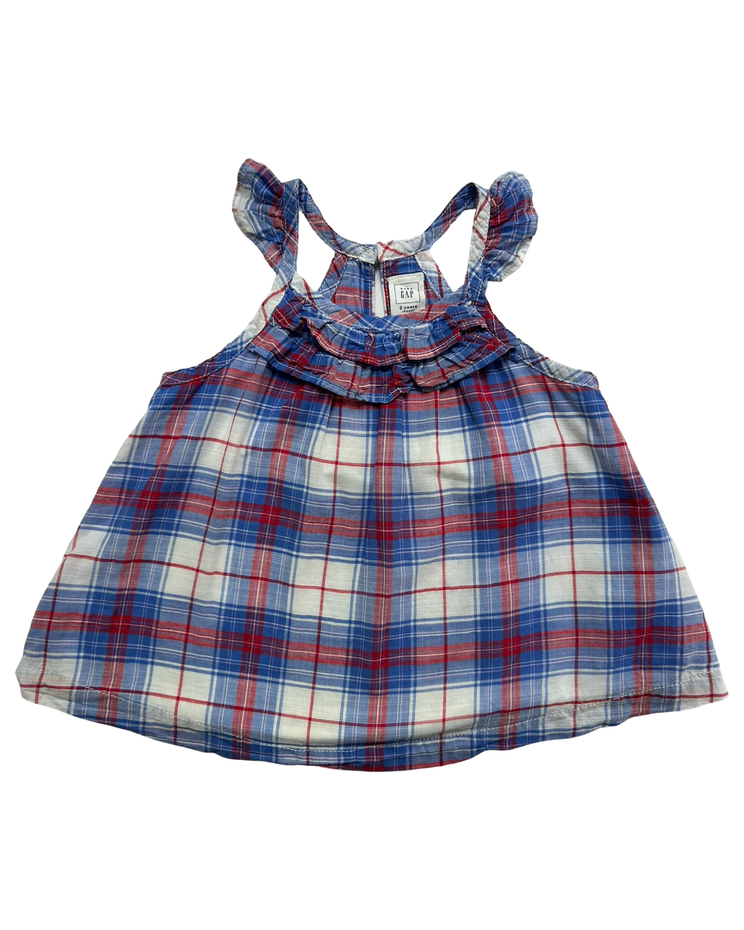 2T Toddler Girl Baby Gap Patriotic Plaid With Flutter Sleeves And Ruffle Neckline Tunic Top