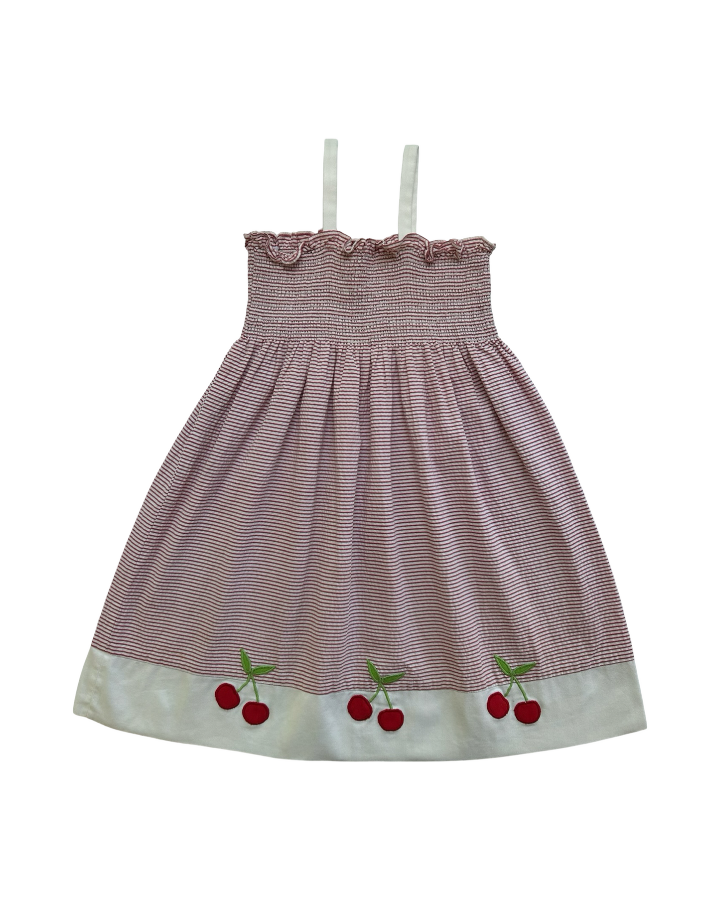 4T Toddlers Girls Frances Johnston  For Simi Striped Dress Whit Cherry Motif On Bodice And Gathered Skirt,