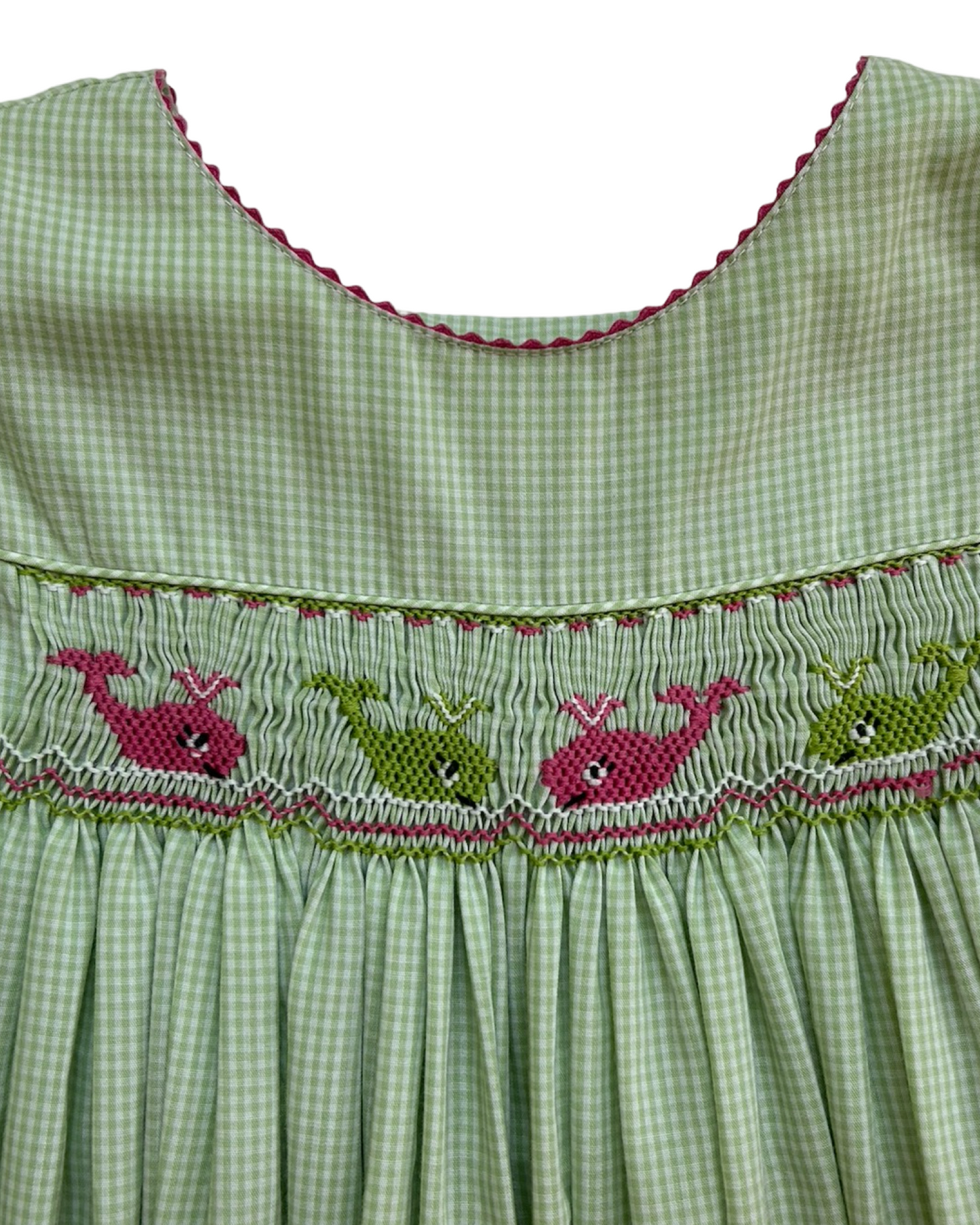 6x Girls Green Gingham Smocked Whale Beach Dress