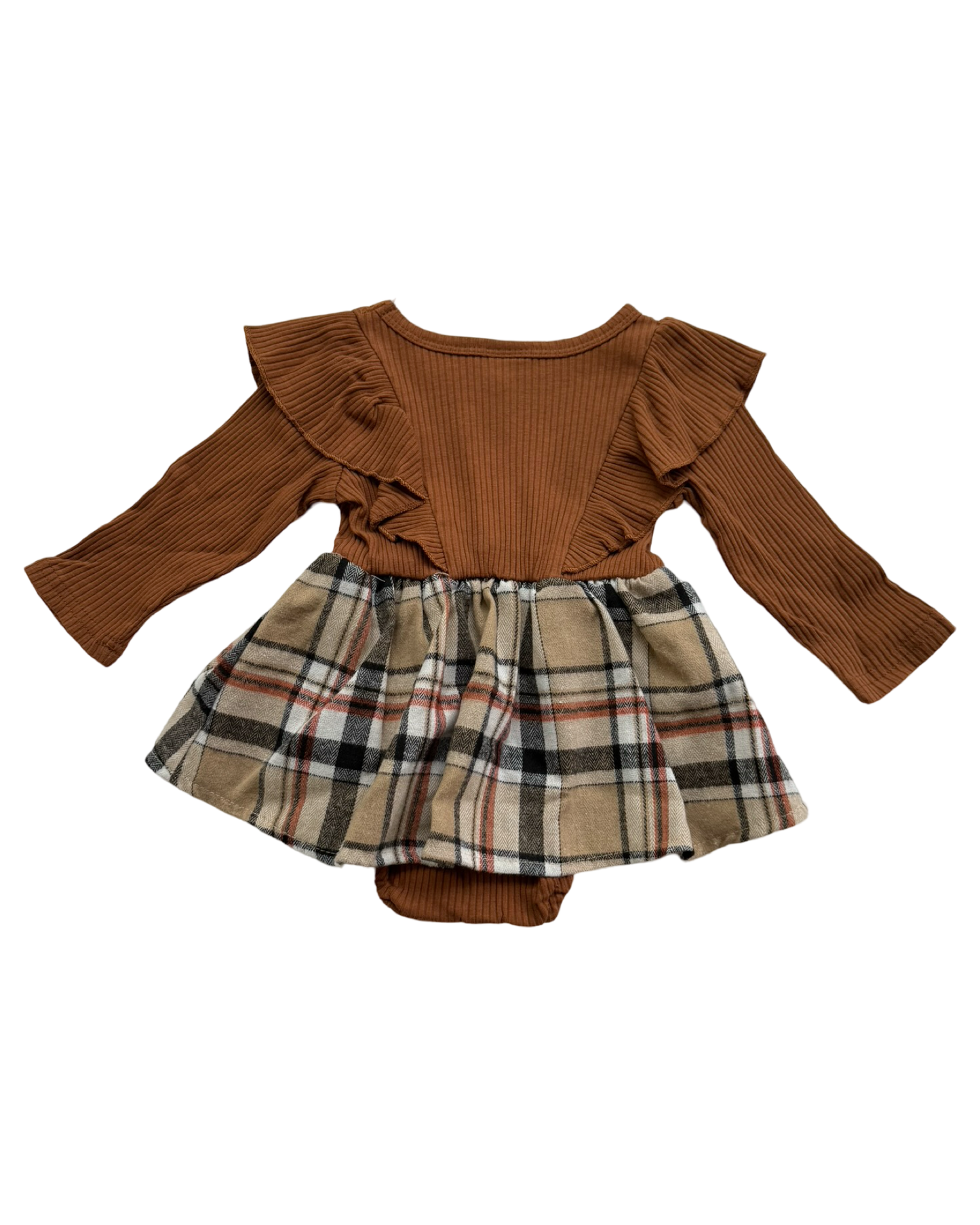 6M-9M Baby Girls Brown Plaid Fall Onesie Dress