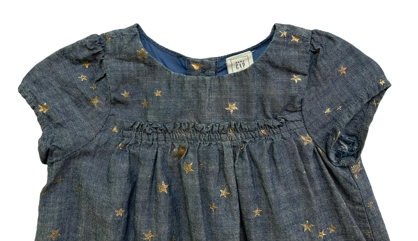 3M - 6M Baby Girl Baby Gap Short Sleeve With Gold Star  Blue Chambray Dress