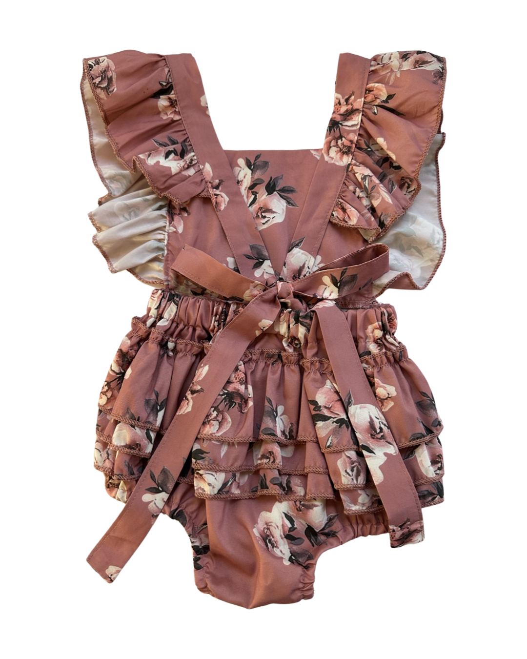18M-24M Baby Girl Mauve Pink Floral Flutter Sleeve Ruffle Romper