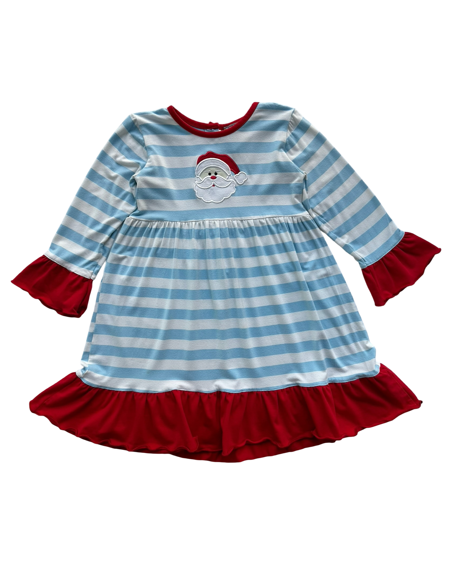 5T Toddler Girls Boutique Smocked PolkaDot Christmas Embroidery Santa Claus Face Appliqué, Ruffle Dress