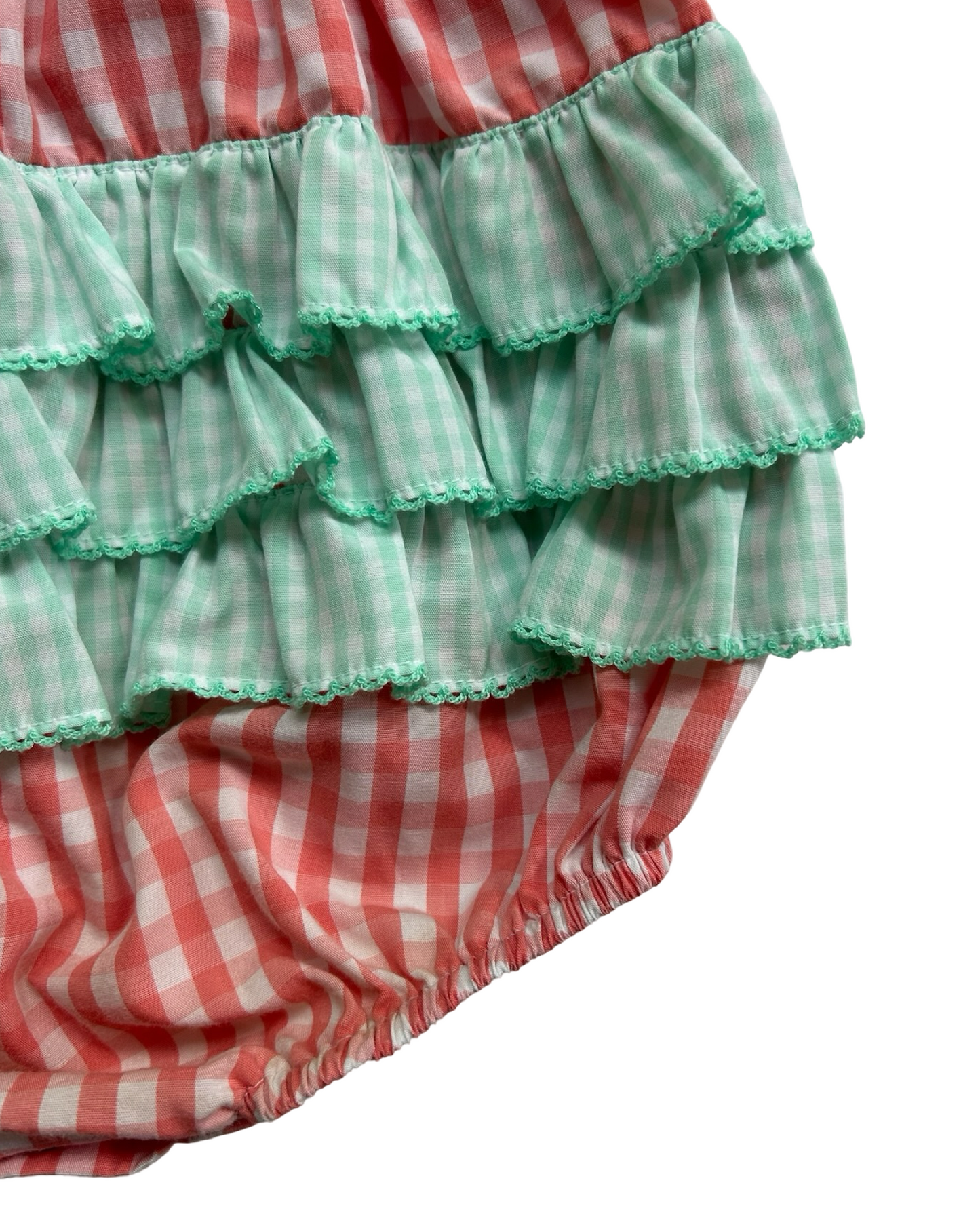 12M Baby Girls Shrimp & Grits Kids Red And White Gingham Pattern Ruffled Mint Green Trim, Embroidered Cherries Bubble Romper.