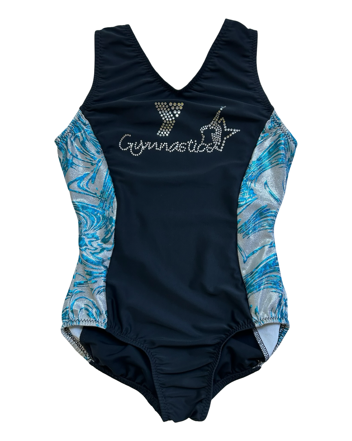 Large 6T-7T Toddler Girl’s Go For The Gold Gymnastics Leotard With Jewels.
