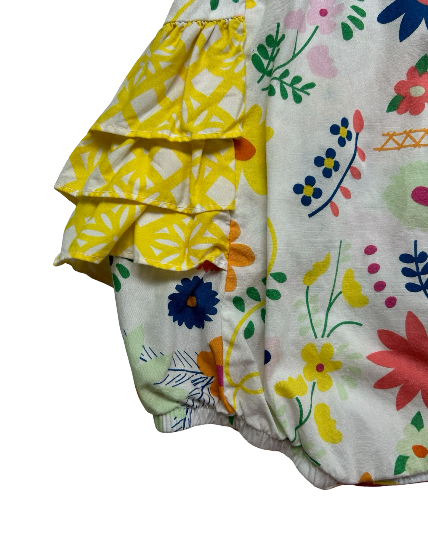 12M Baby Girls Ricrac & Ruffles Yellow Floral Bubble Romper.