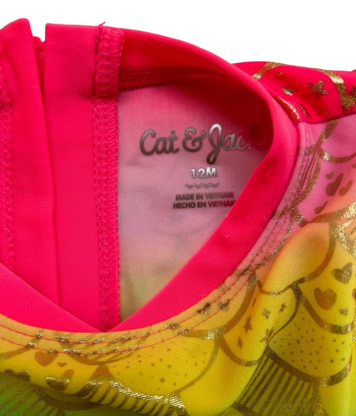 12M Baby Girl Cat & Jack Mermaid Metallic Rainbow Pink RashGuard Swim Suit One Piece.