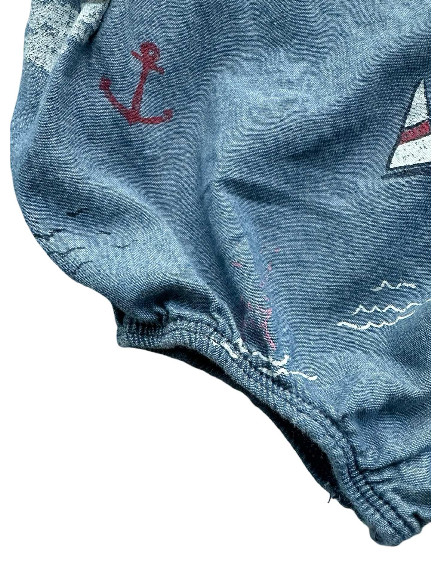 9M-12M Baby Girls MudPie Blue Chambray Lighthouse Nautical Lace Trim Romper.