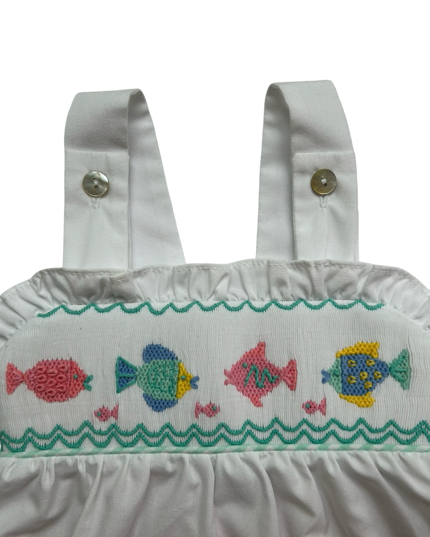 12M Baby Girls Shrimp & Grits Kids Smocked And Embroidered Fish Designs Top / Ruffled Short, 2 Pieces Set.