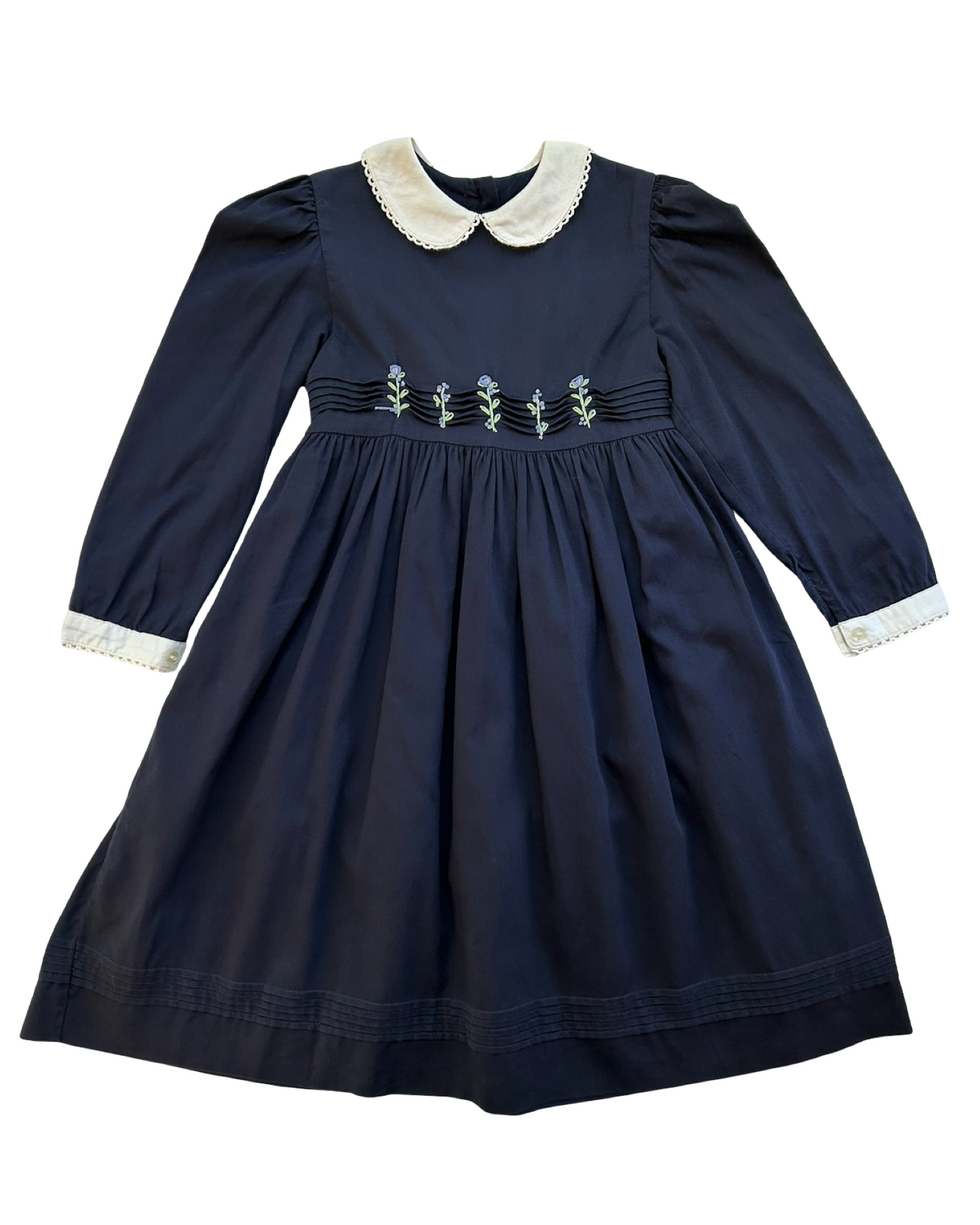 6 Youth Girls Hartstrings Navy Embroidered Flowers Lined Cotton Dress.