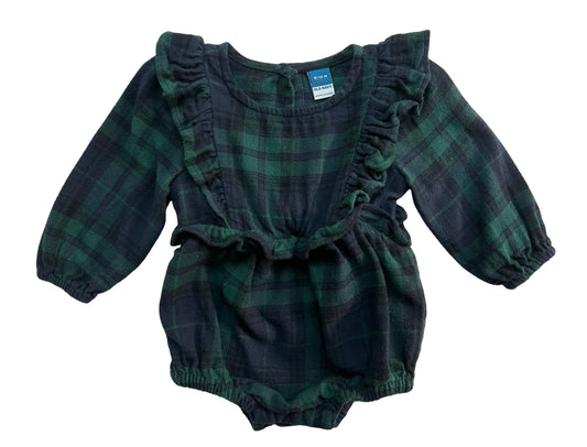 6M-12M Baby Girl Old Navy Green / Blue Plaid Christmas Flannel Bubble Romper One Piece