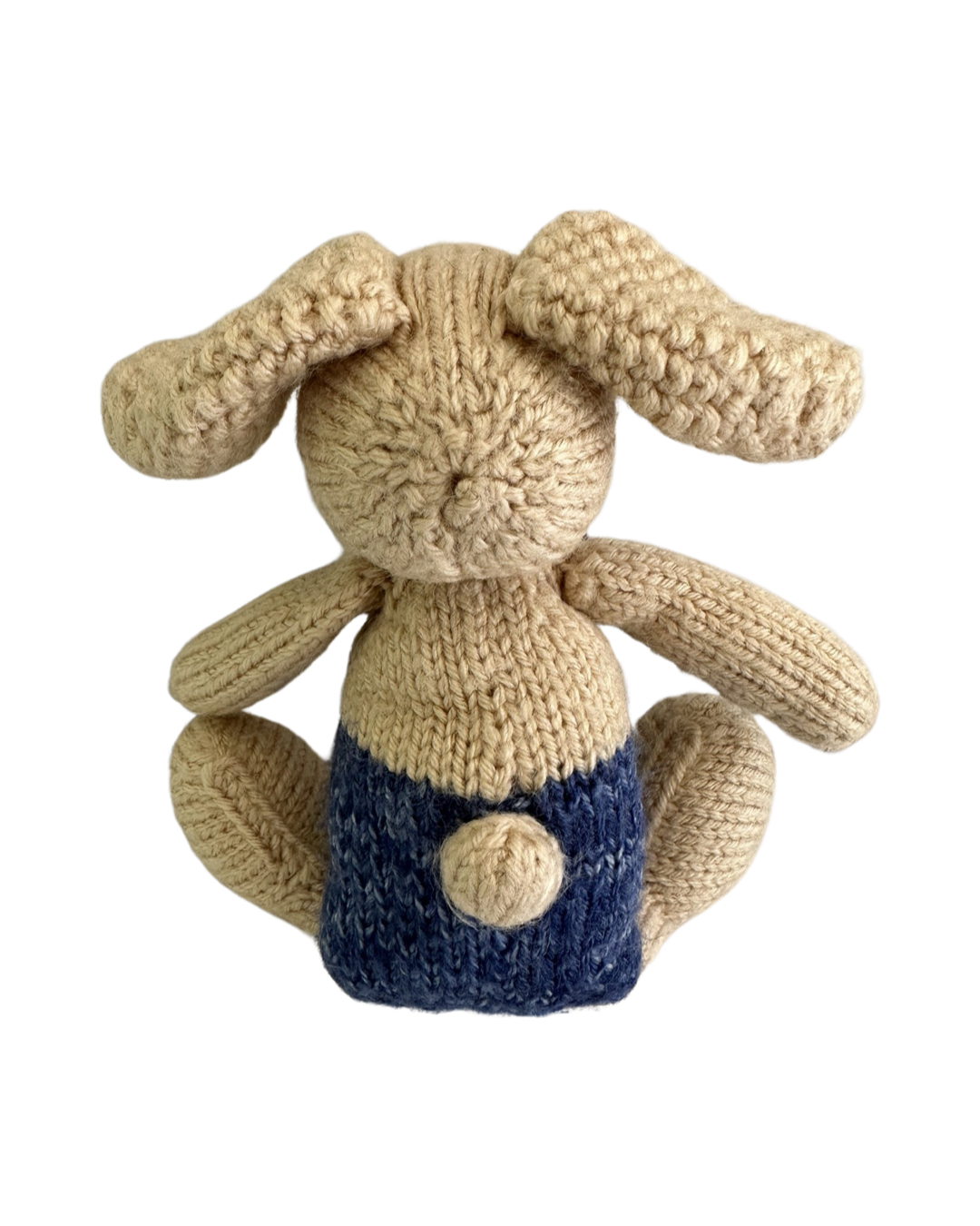 Handmade One of a Kind 10" Knit Crochet Beige Bunny with Blue Bow Tie and Shorts