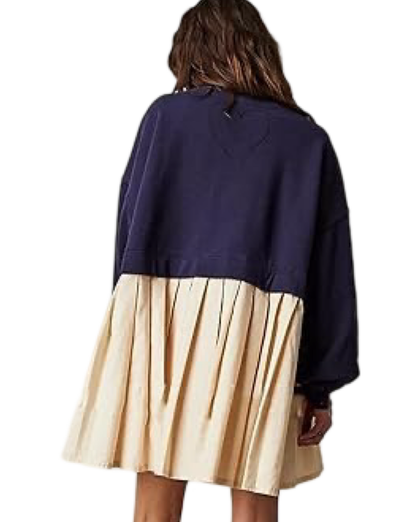 Women's Oversized Navy and Khaki Pleated Bottom Sweatshirt Dress Size Small