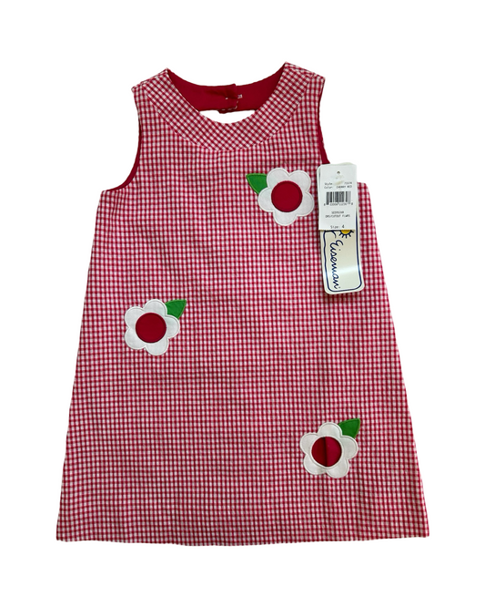 4T Toddler Girl Florence Eiseman Cherry Red Gingham Seersucker Cutout Flower Dress NWT.