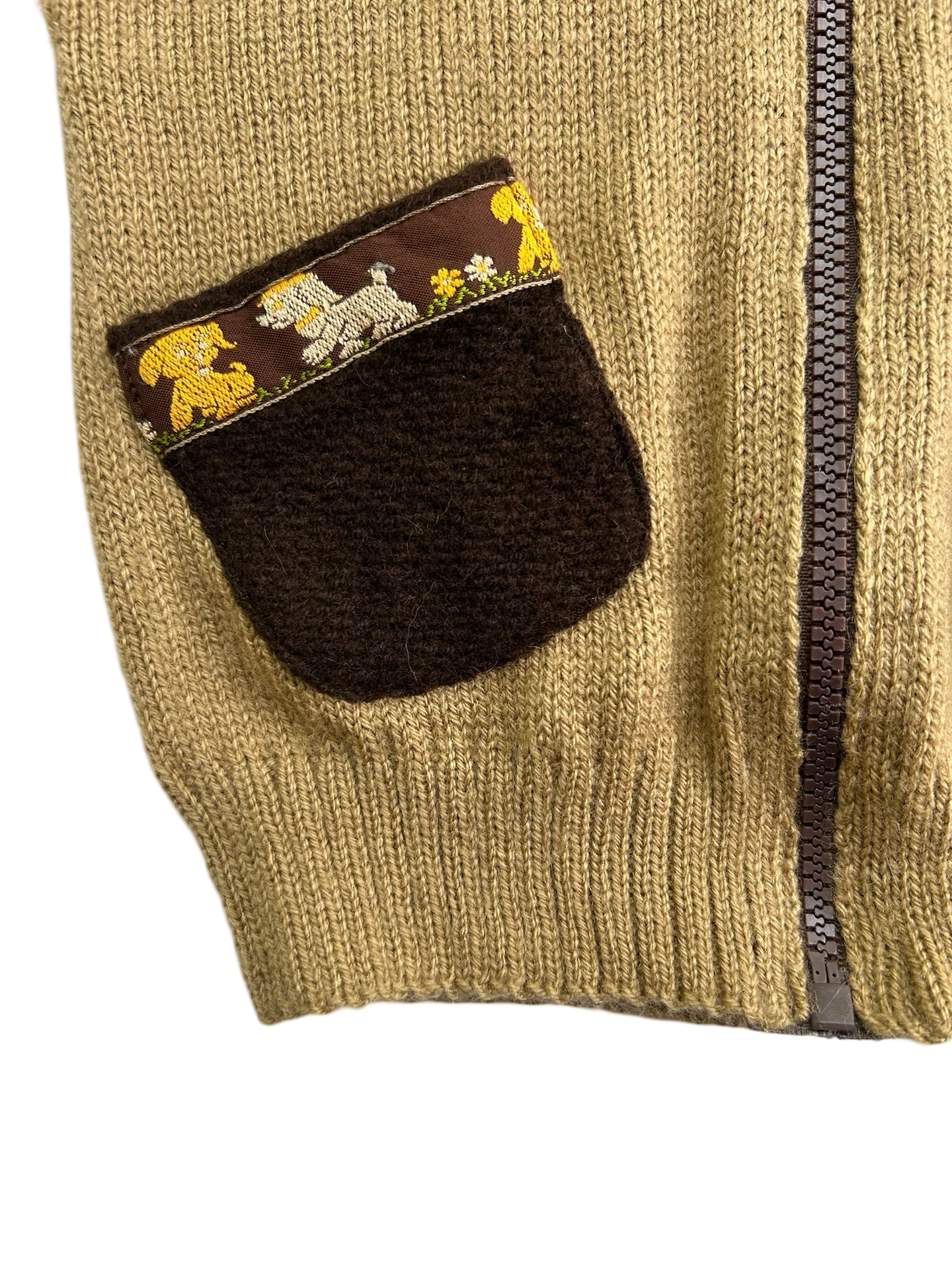 2T / 3T Toddler Boys Vintage Zippered Cardigan Sweater Brown with Puppy Dog Trim on Pockets