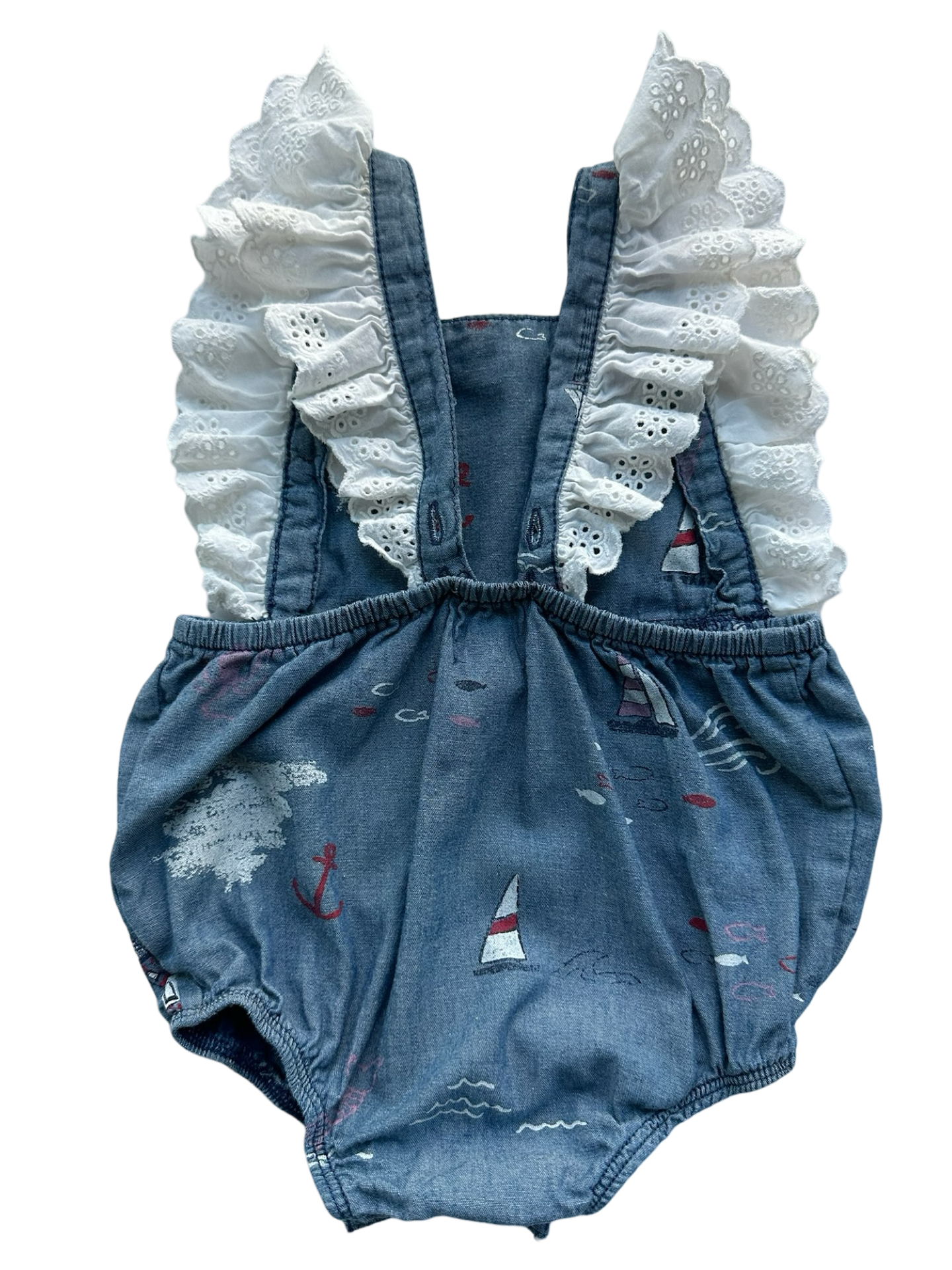 9M-12M Baby Girls MudPie Blue Chambray Lighthouse Nautical Lace Trim Romper.