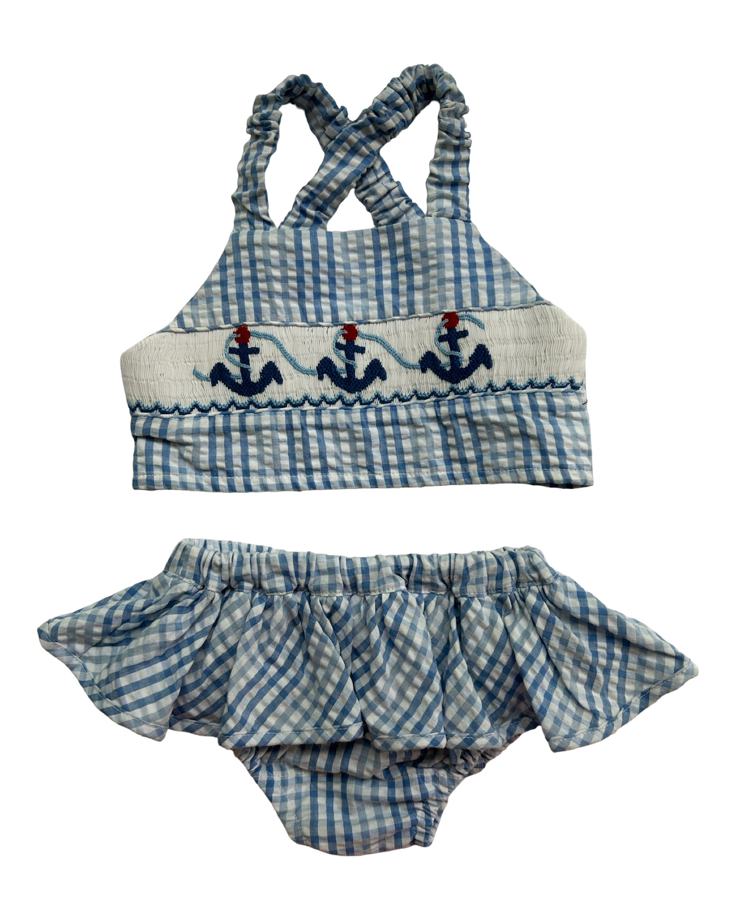 6M Months Baby Girls Royal Child Checked Seersucker 2 Pieces Set Whit 3 Anchor ⚓️⚓️⚓️ On the Front.