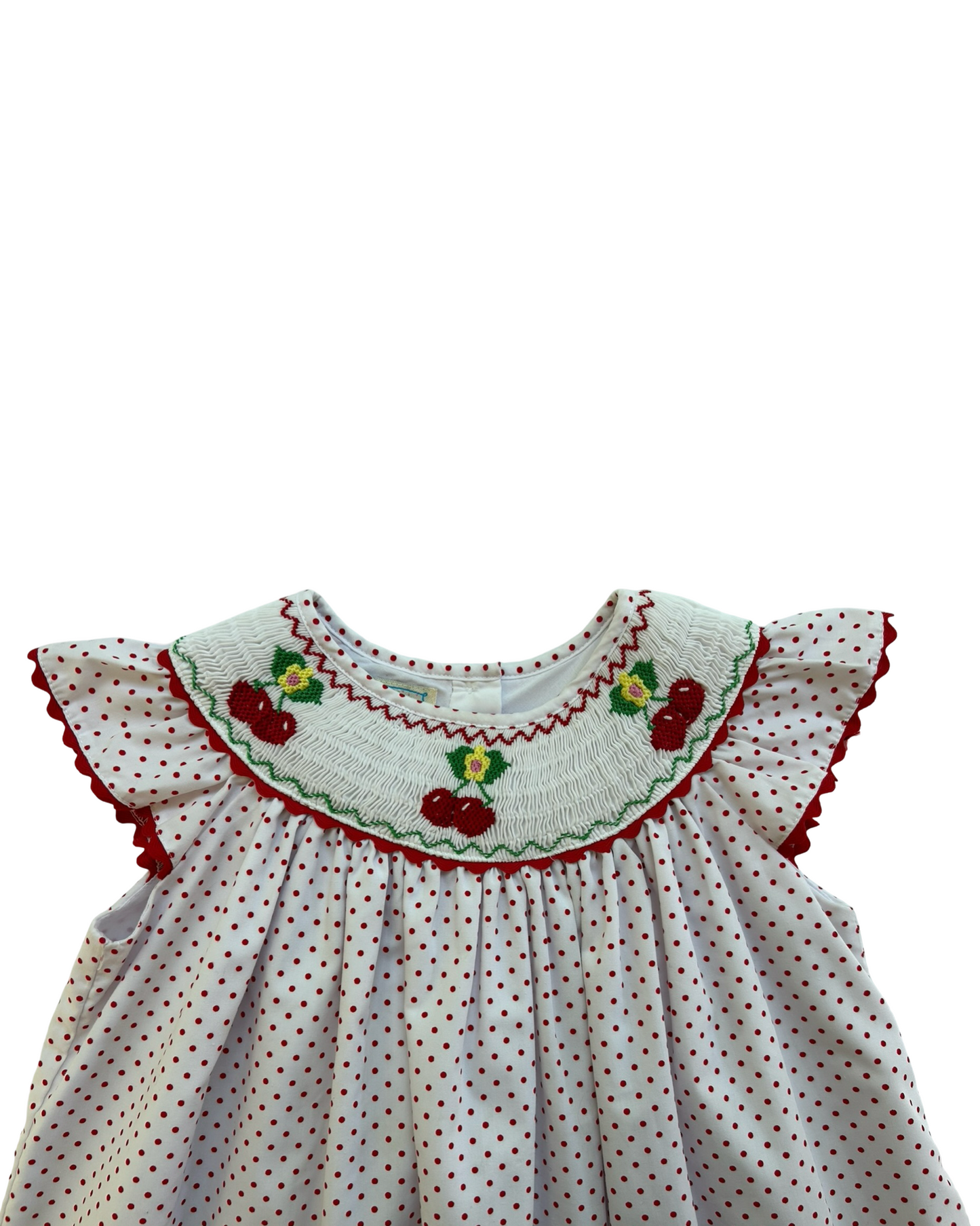 4T Toddlers Girls Marmellata Smocked Bishop With Cherry Embroidered And Polka Dot Dress.