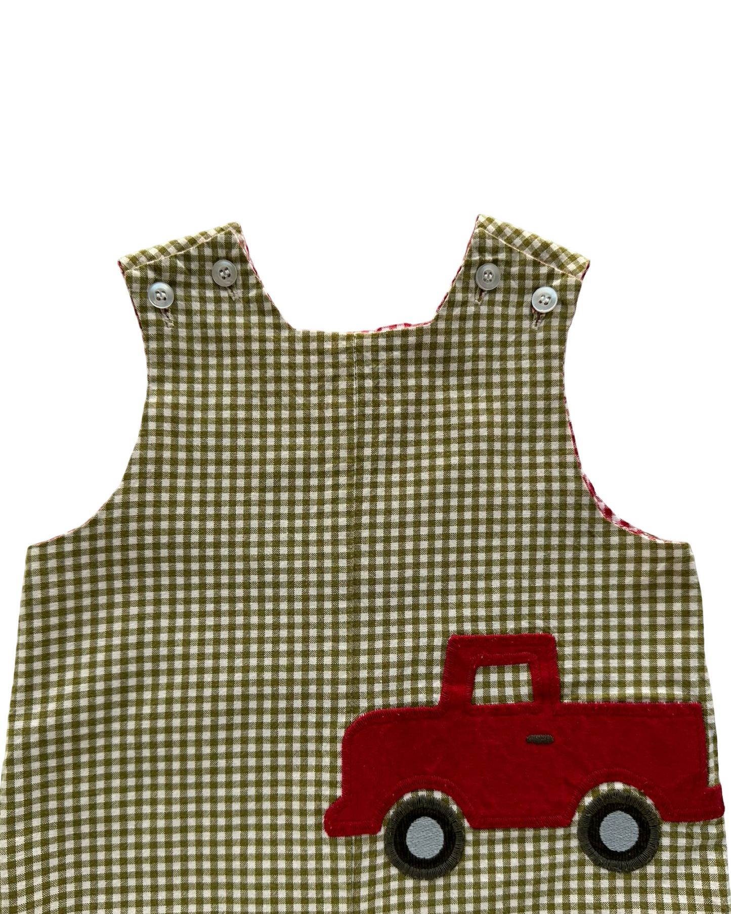 12M Baby Boys The Bailey Boys Gingham Patterned Overall-Romper Reversible Appliqués Camel 🐫 Reverse To Farm Car. One Piece.