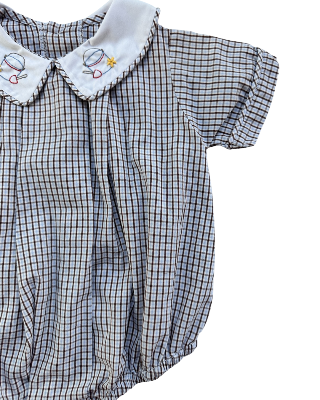 12M Baby Boy Boutique Remember Nguyen Brown and Light Blue Gingham Plaid Bubble with Classic Peter Pan Collar and Sand Castle Embroidery