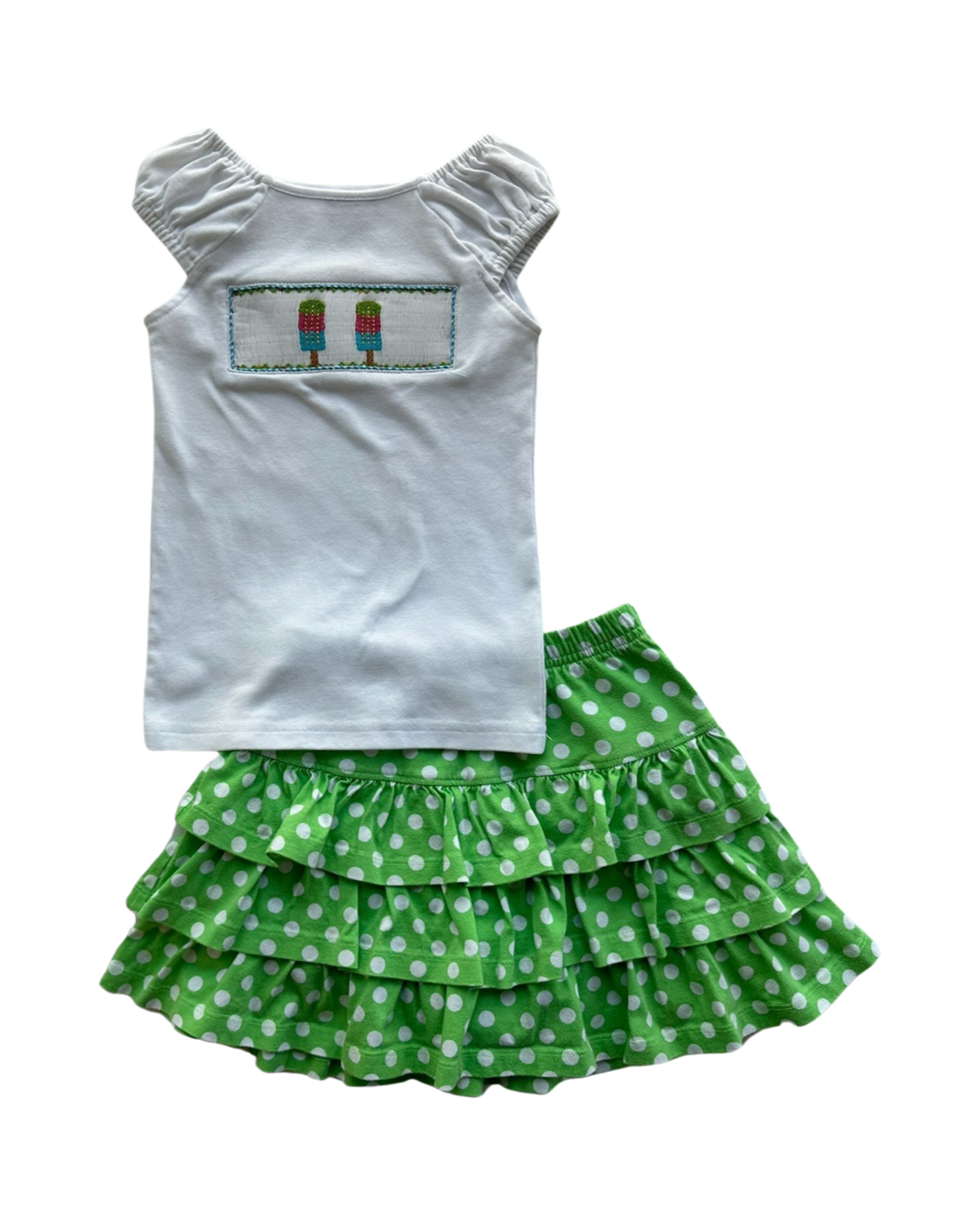 5T Toddler Girl White Smocked Popsicle Top W/ Matching Green Polka Dot Hanna Andersson Skort
