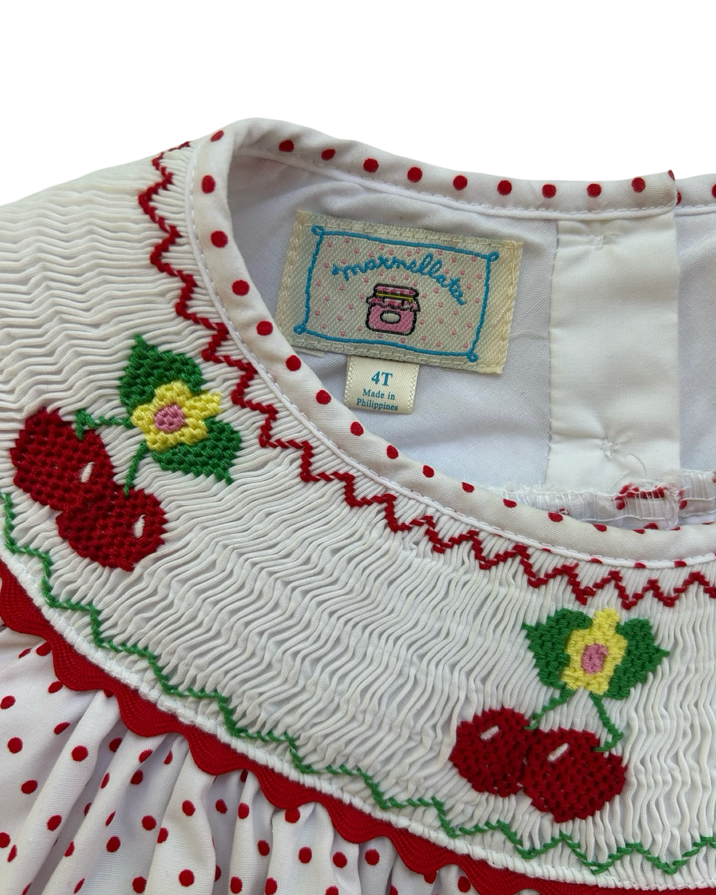 4T Toddlers Girls Marmellata Smocked Bishop With Cherry Embroidered And Polka Dot Dress.