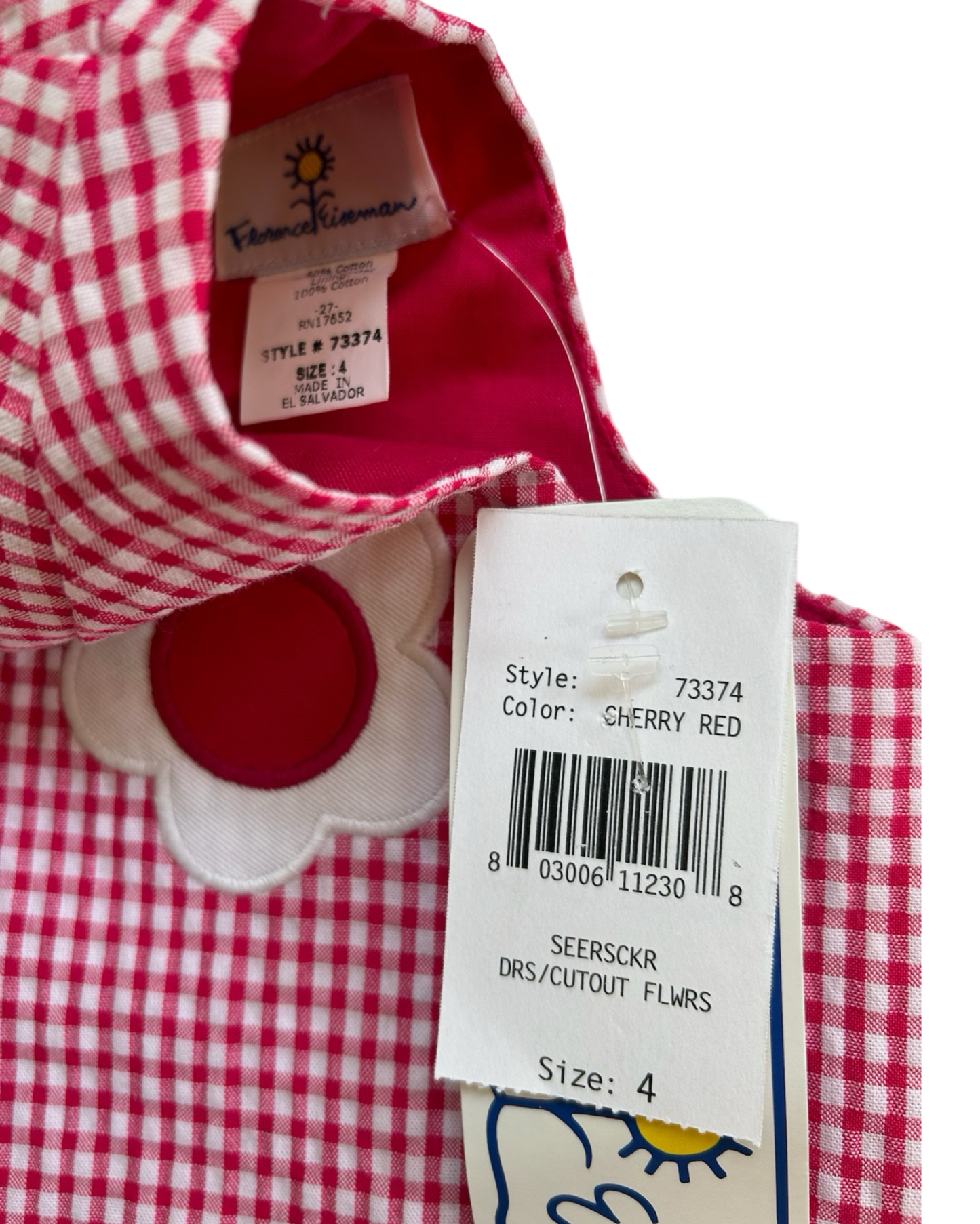4T Toddler Girl Florence Eiseman Cherry Red Gingham Seersucker Cutout Flower Dress NWT.