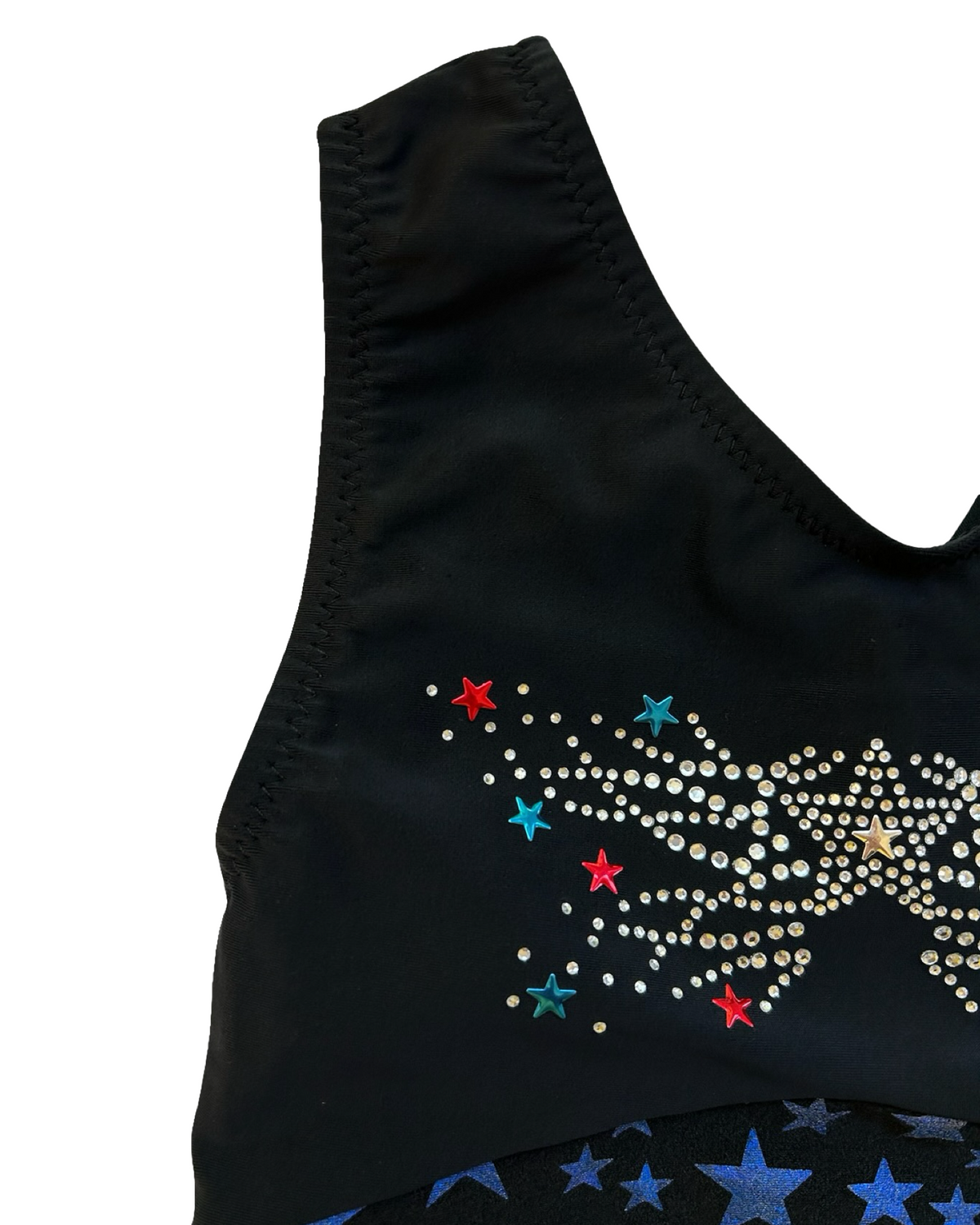 Large 6T-7T Toddler Girl’s Go For The Gold Gymnastics Leotard Stars Printed With Jewels.