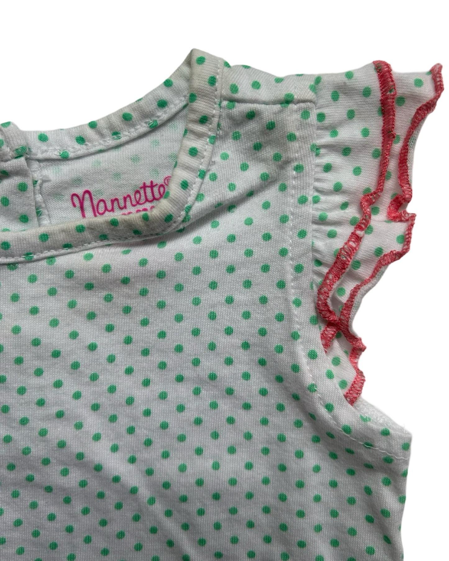 6-9M Baby Girl Pink Nanette Eyelet Rufflebutt Romper with Aqua Polkadot Shirt