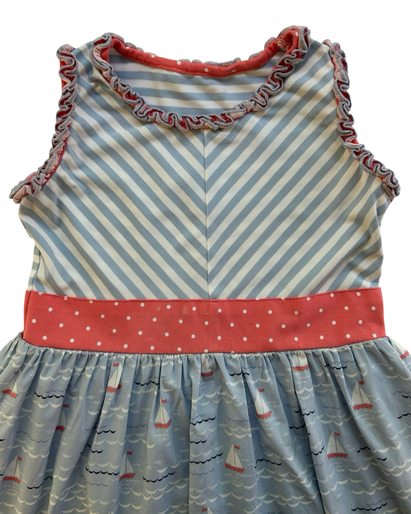 4T-5T Toddlers Girls Serendipity By Shrimp & Grits Theme Nautical Sailboat ⛵️ Striped ,Polka Dots Ruffle Trim Dress.