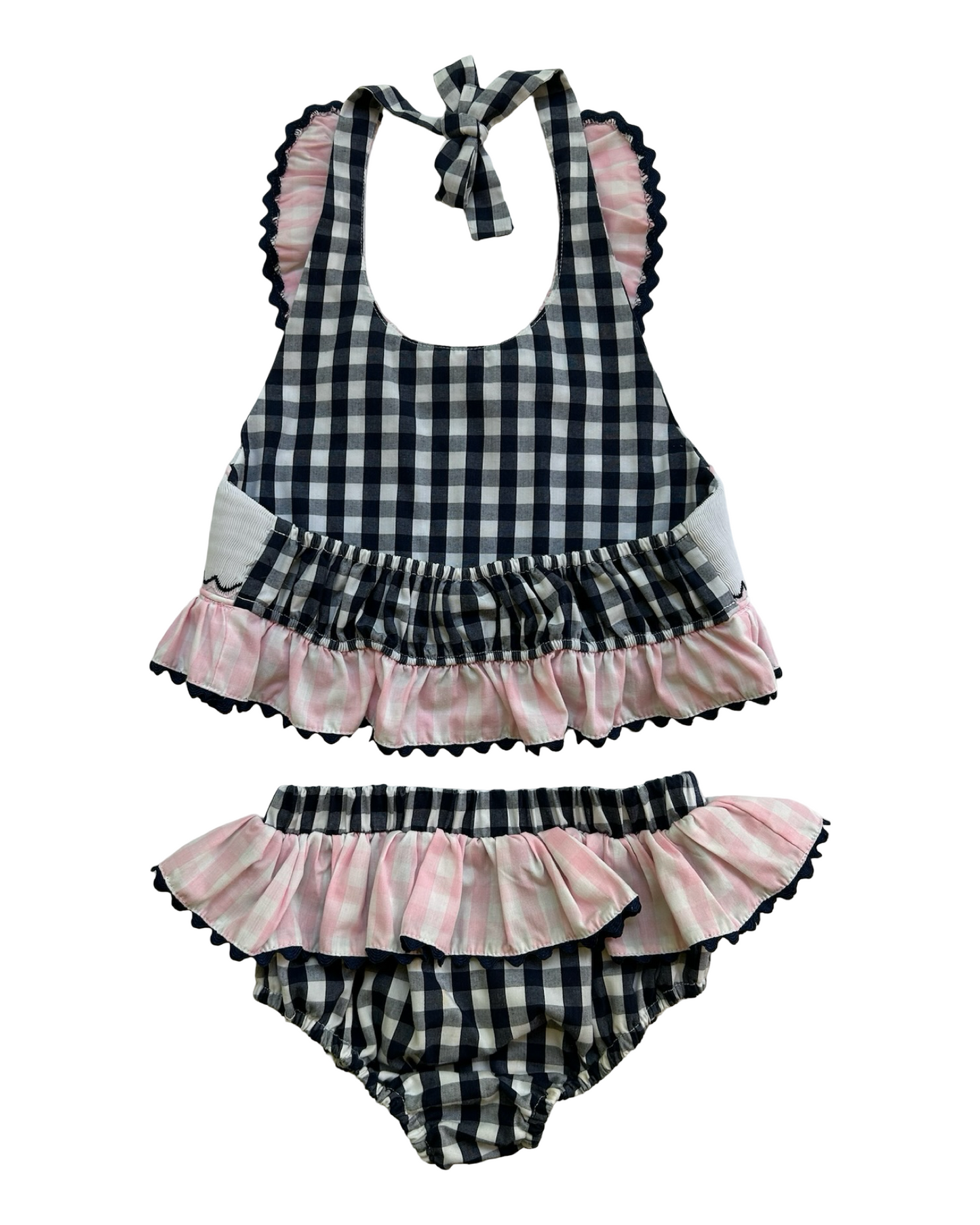 6T Toddlers Girls Shrimp & Grits Smocked And Gingham Pattern Swimsuit Two Pieces Set