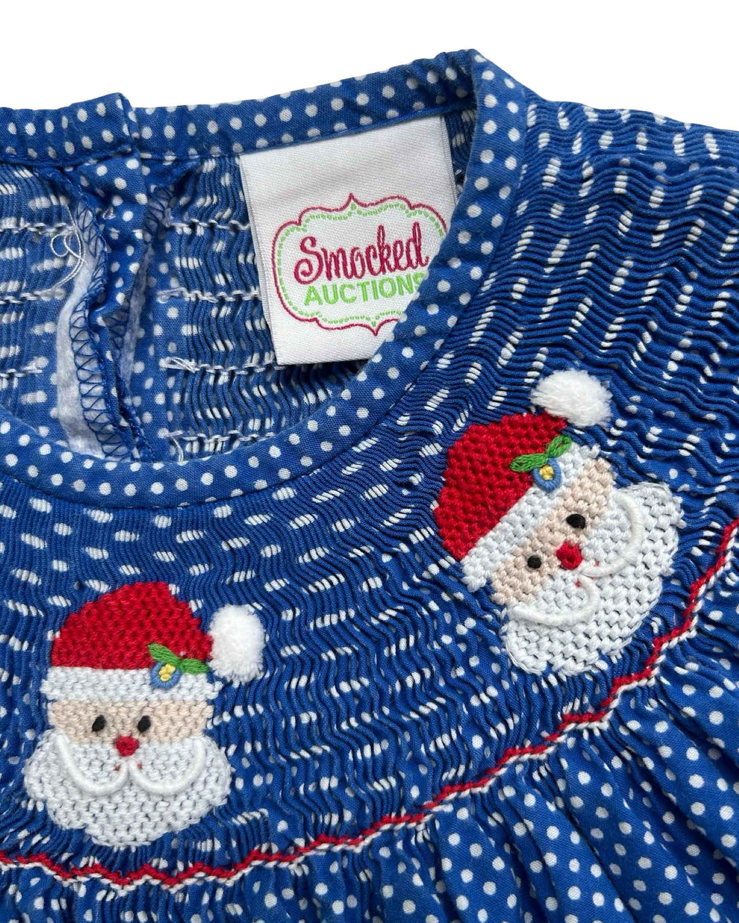 5T Toddler Girls Smocked Auctions Embroidered Christmas Santa Polka Dot Dress.