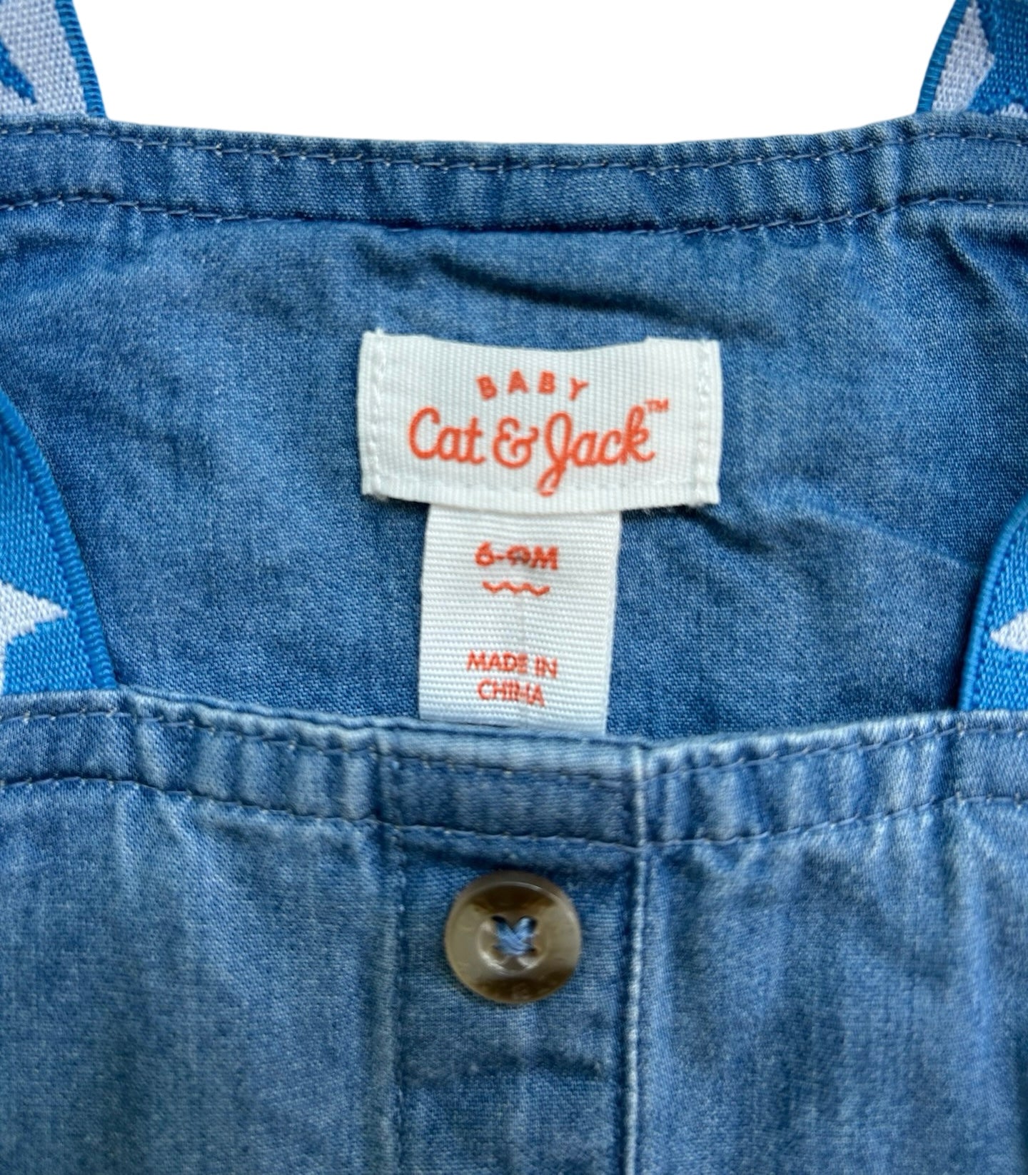 6M -9M Baby Boy Cat & Jack Blue With Stars White Chambray Bubble Romper