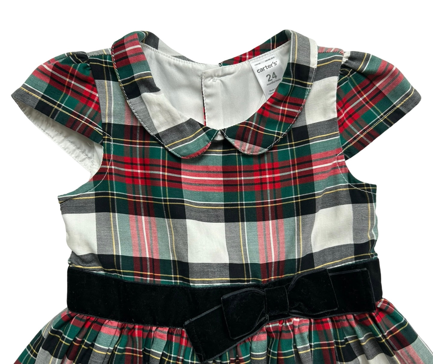 24M Baby Girls Carter’s Plaid Dress Velvet Band Bows  Short Sleeve.