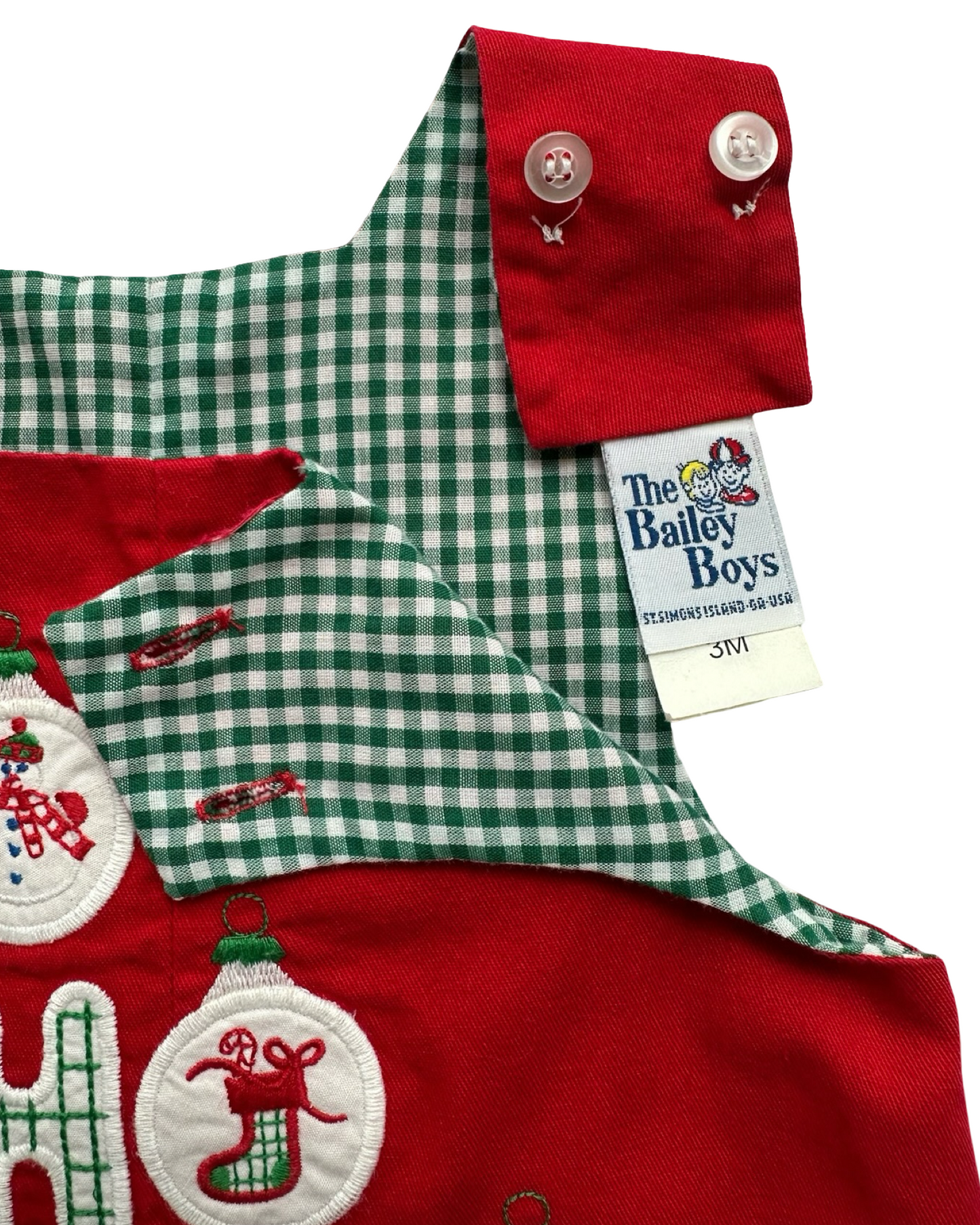 3M Baby Boys The Bailey Boys Gingham Patterned Overall-Romper Reversible Appliqués HO HO HO Ornaments Reverse 🕰️. One Piece.