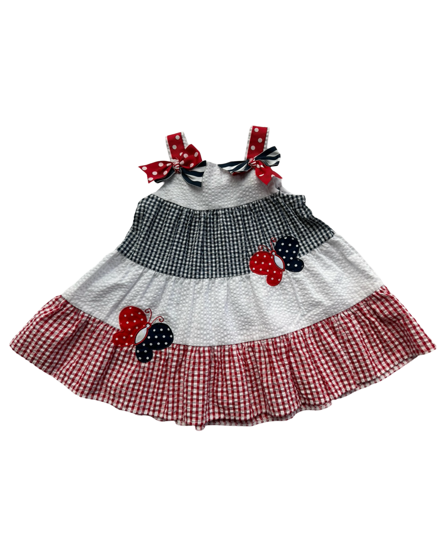 6-9M Baby Girl Red / White / Blue Seersucker Rare Editions American Butterfly Dress w/ Bloomers