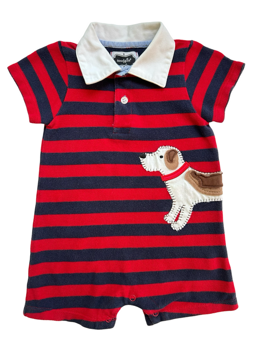 6M-9M Baby Boy Mudpie Romper Blue / Red Striped Cotton Knit Puppy Dog Appliqué Short Romper.