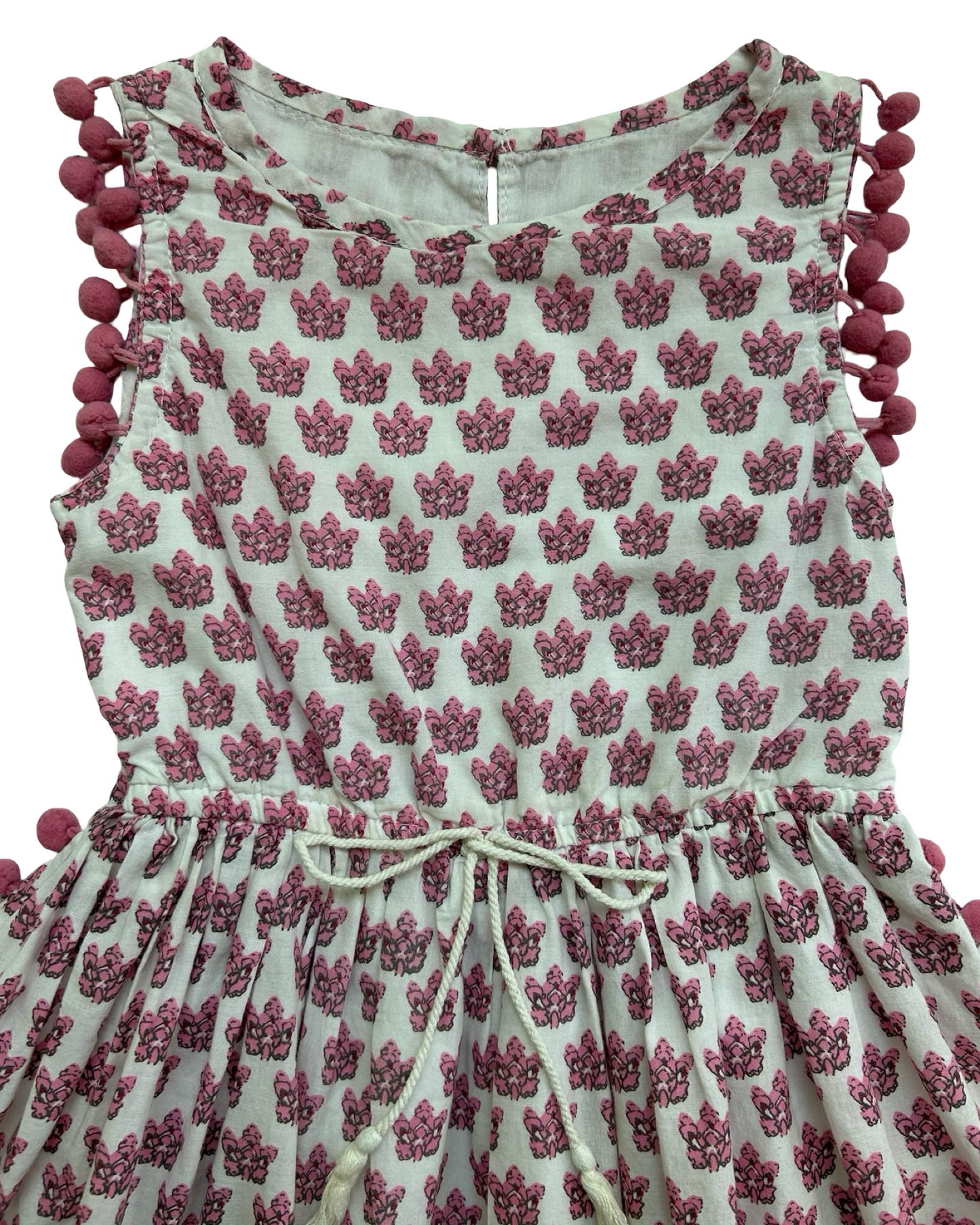 4 Toddler Girls Trade Indian Printed Cotton Dress With Pom - Pom Trim, Cool Dry, Quick Dry