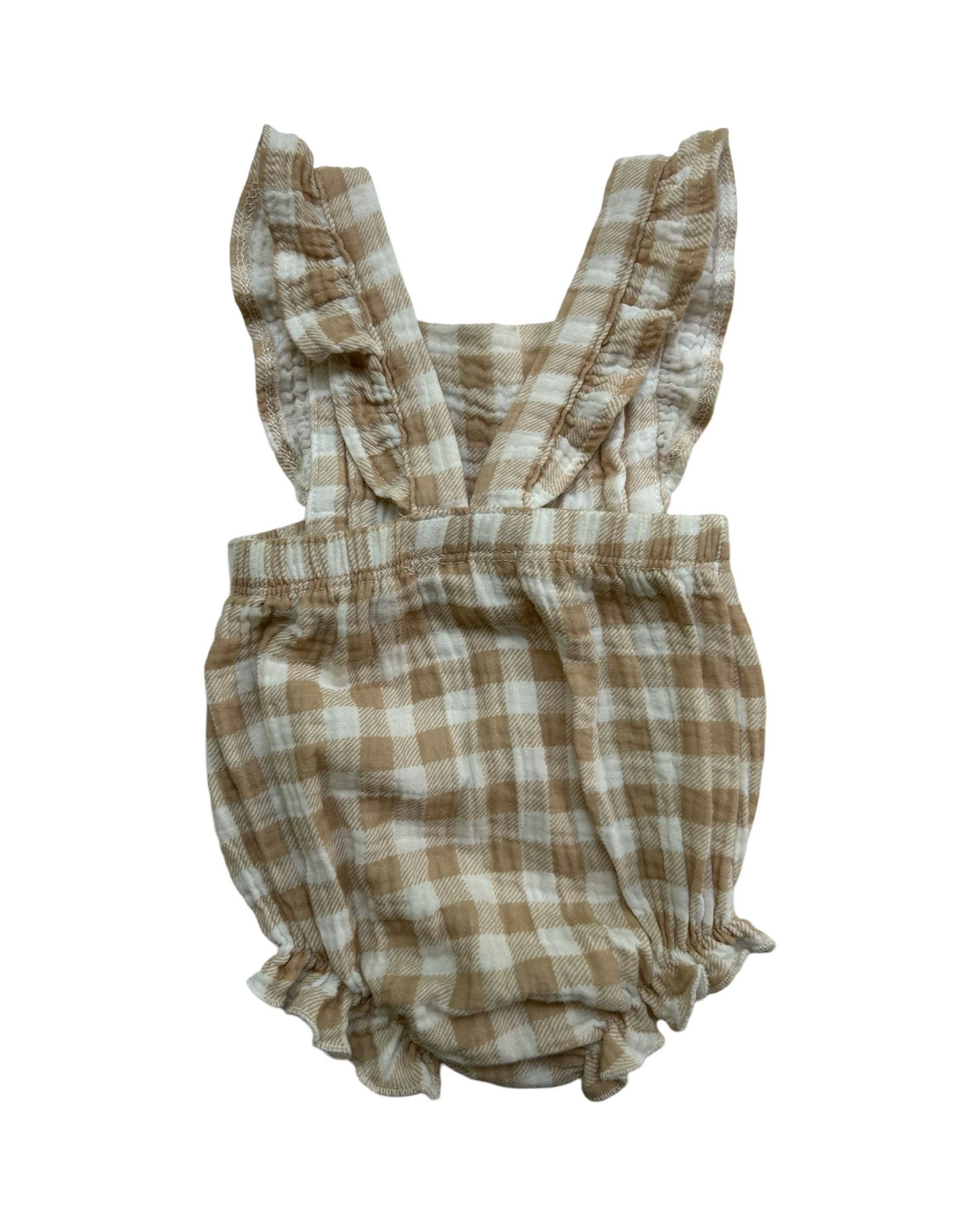 3-6M Baby Girl Emily & Oliver Tan Gingham Muslin Bubble Romper