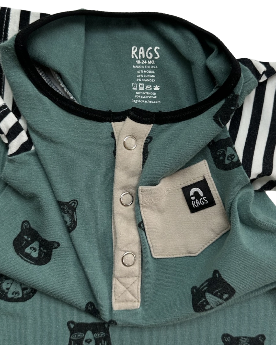 18-24M Baby Boy RAGS to Raches Green Bear Romper