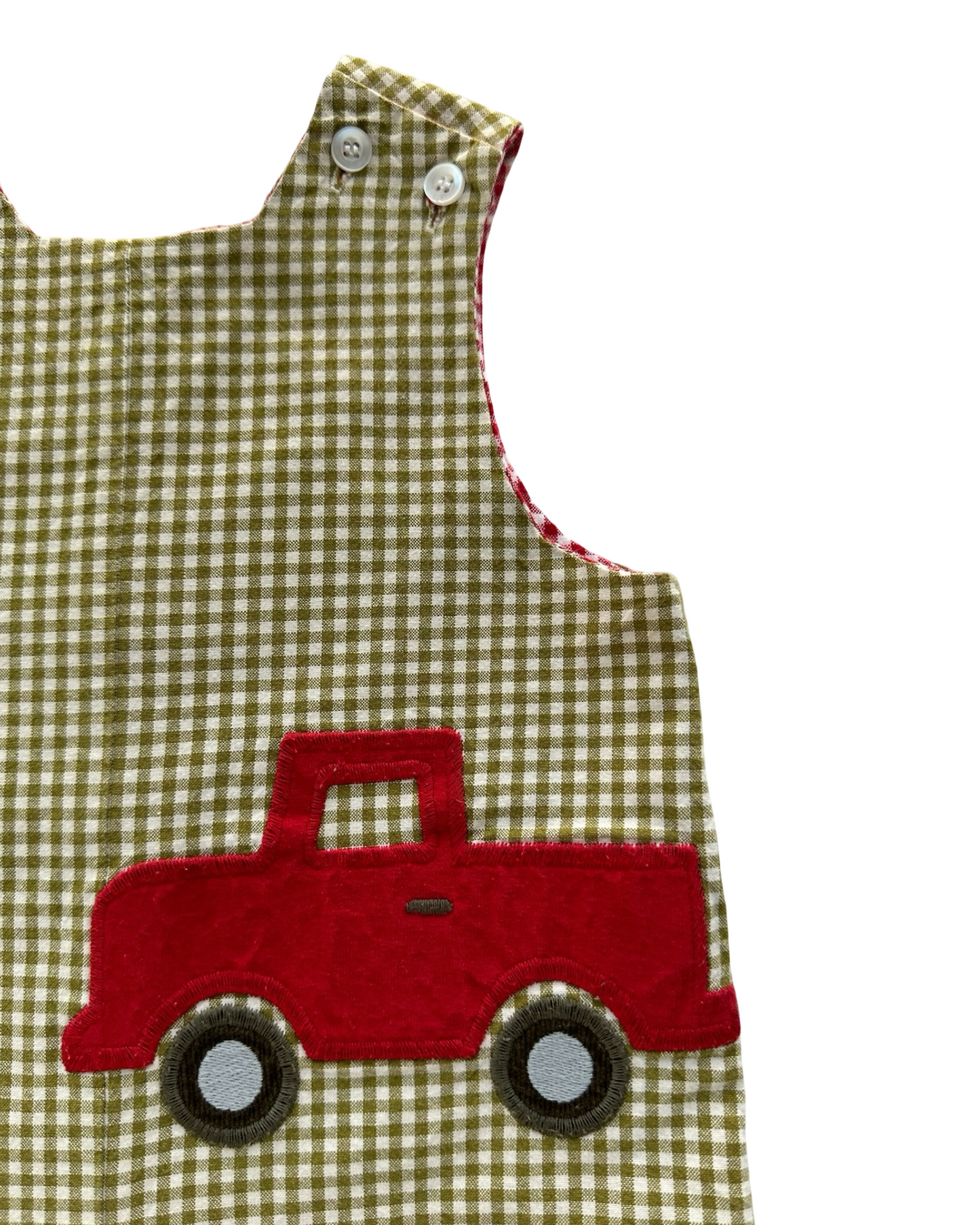12M Baby Boys The Bailey Boys Gingham Patterned Overall-Romper Reversible Appliqués Camel 🐫 Reverse To Farm Car. One Piece.